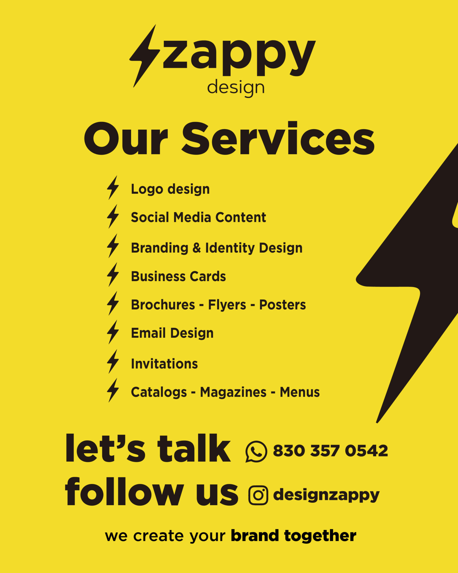 Yellow background with black text listing design services and contact information, including a lightning bolt graphic on the right.