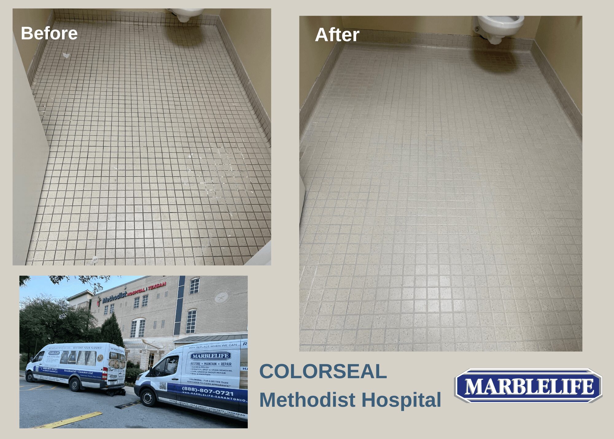 Comparison of bathroom floor before and after cleaning, showing cleaner, brighter tiles after treatment.