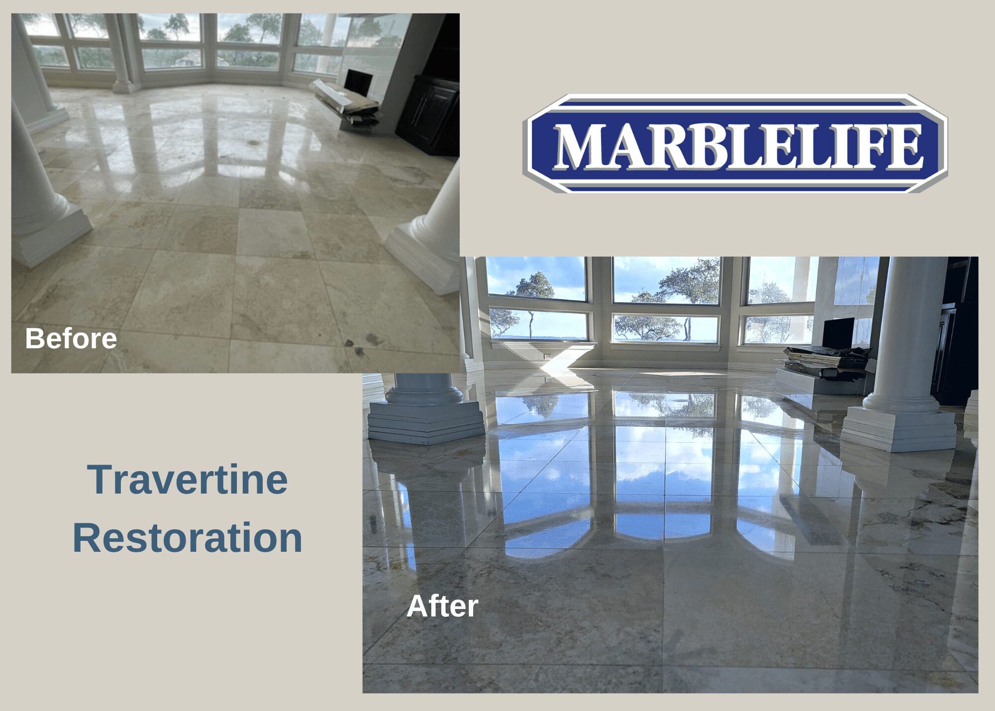 Before and after images of a marble floor, showing cleaning and polishing results, with a window view in the background.