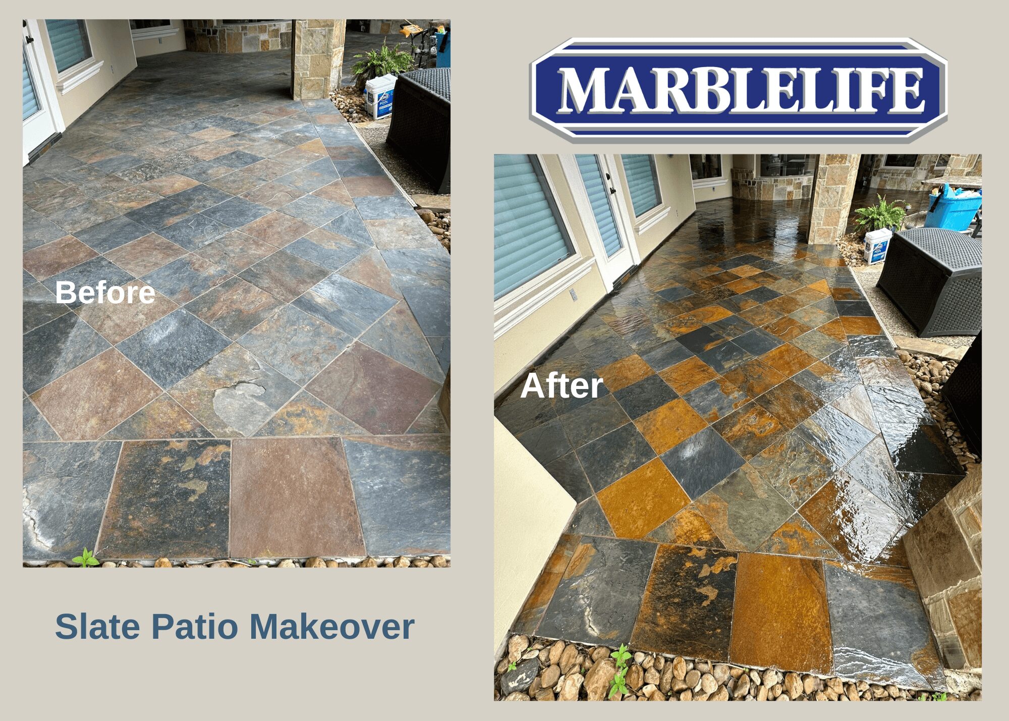 Patio with slate tiles before and after cleaning and sealing, showing improved color and shine.