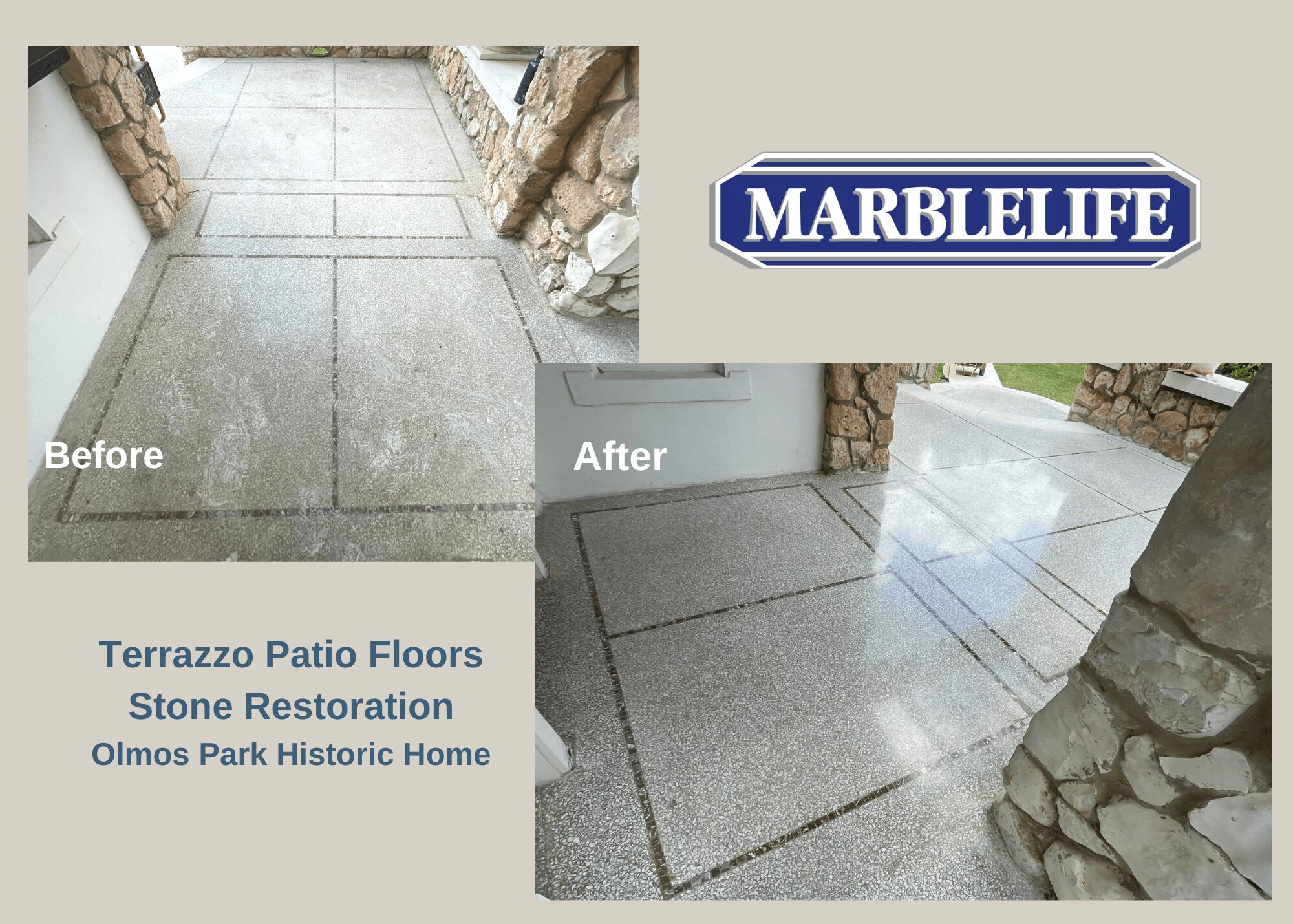 Comparison of patio floors before and after stone restoration showing cleaner, polished surface.
