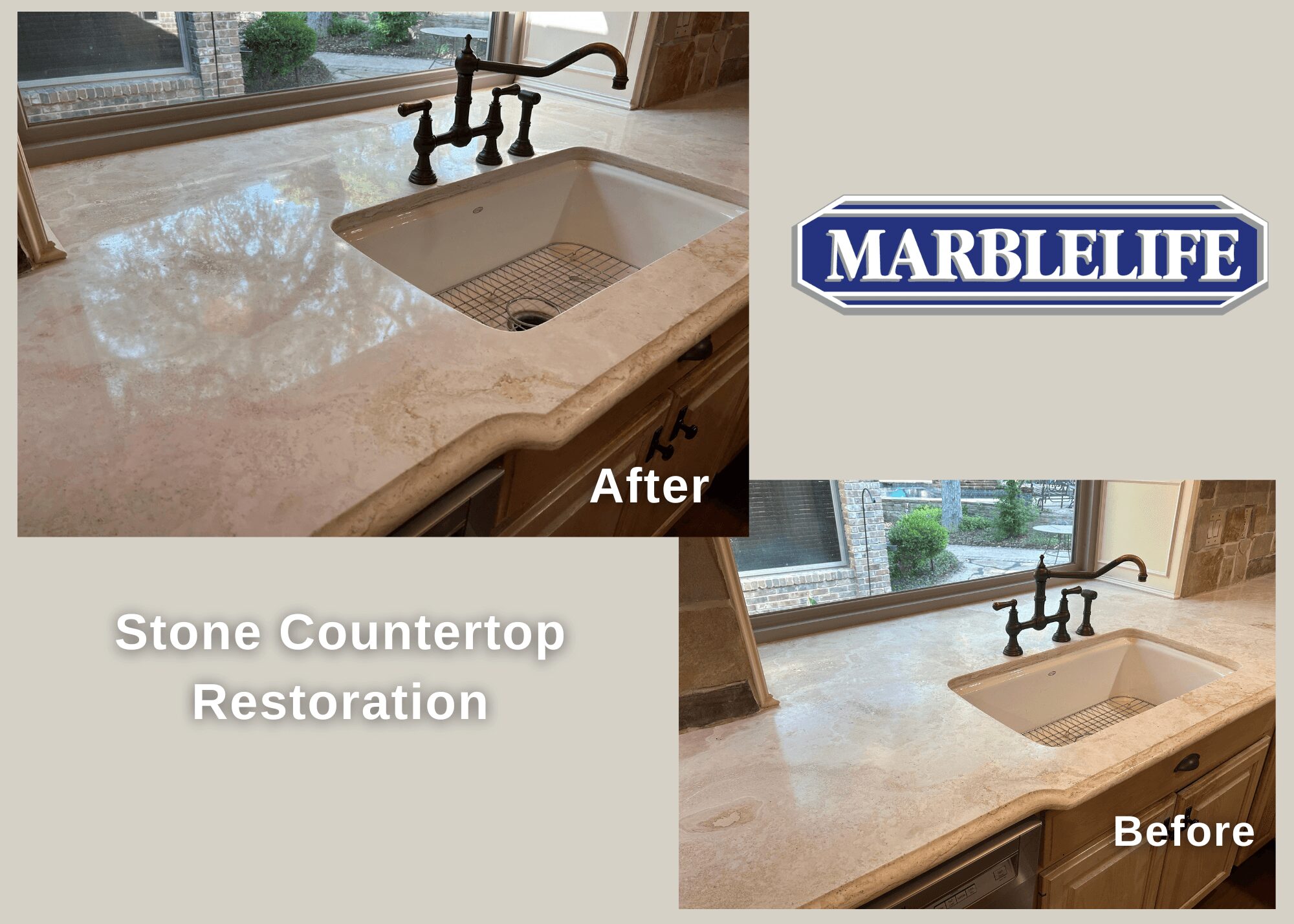 Countertop with sink and faucet, showing before and after restoration images, with text labels and a logo.