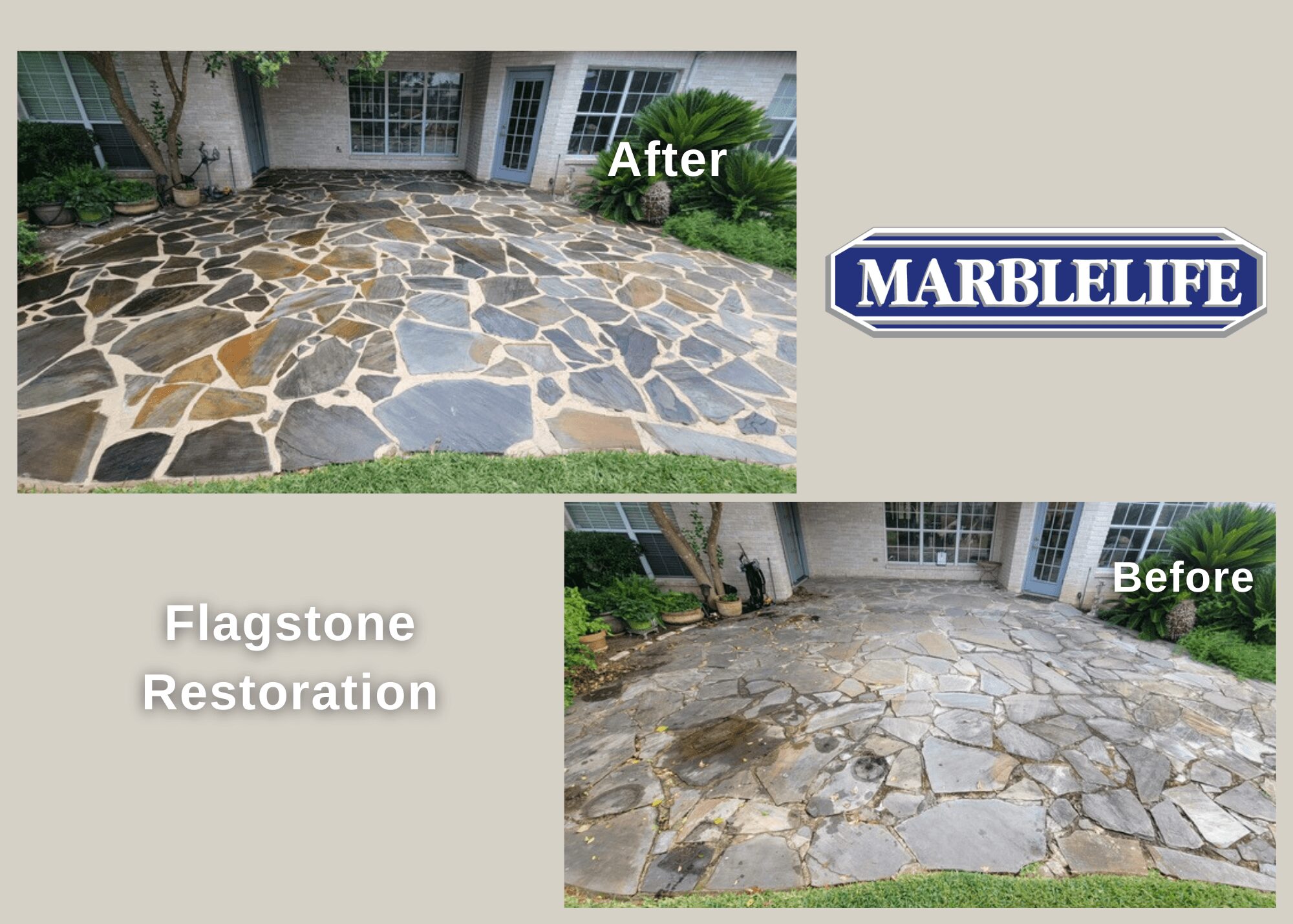 Comparison of patio before and after flagstone restoration, showing cleaner, more uniform stone surface.