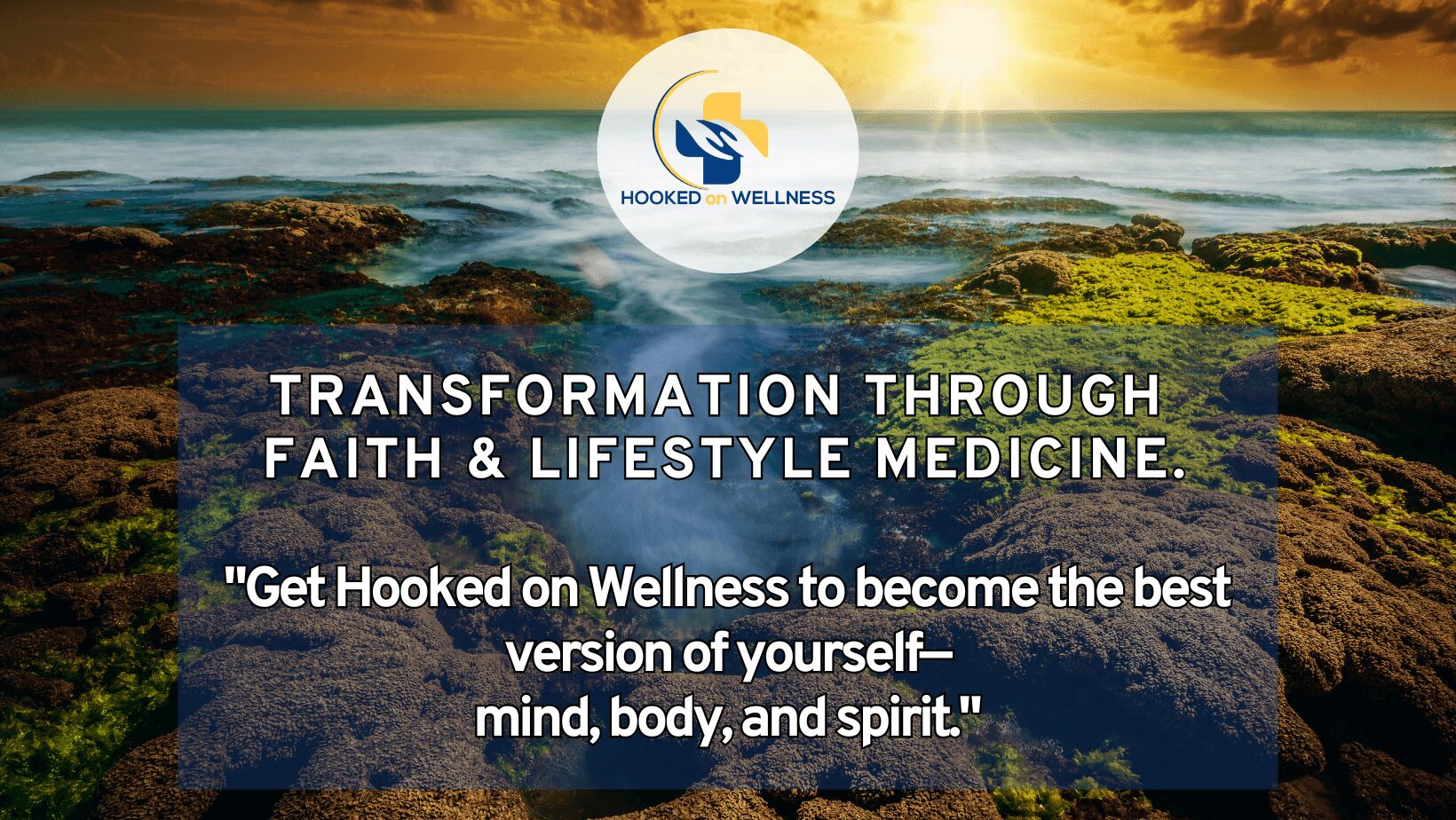 Sunset over rocky shoreline with ocean waves and a logo in the center, promoting wellness and transformation.