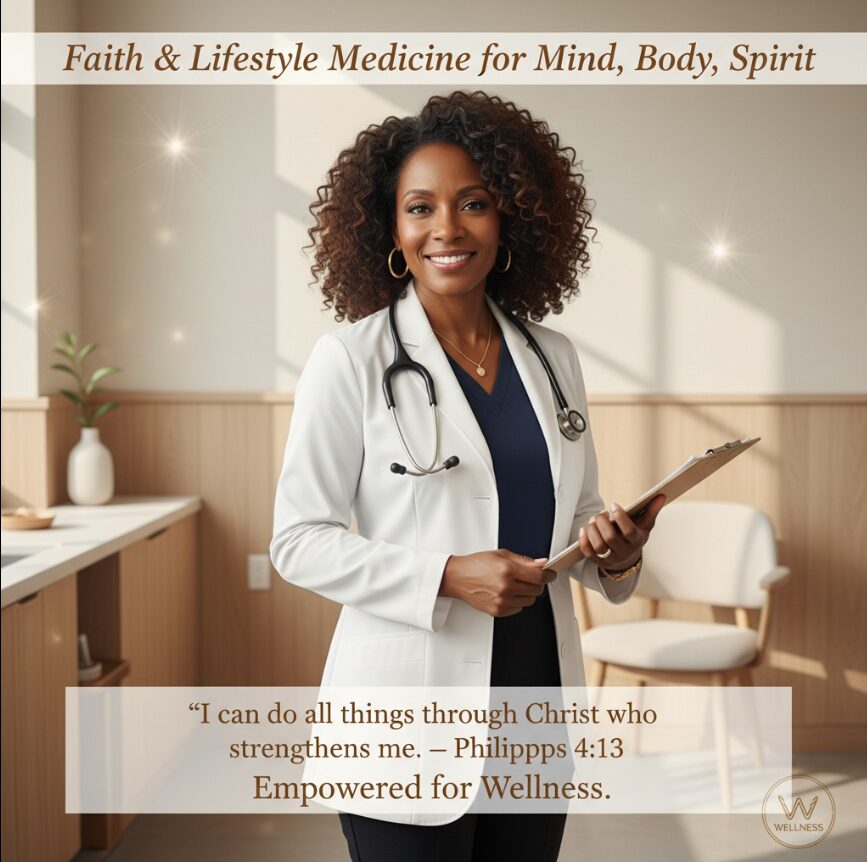 Smiling female doctor in white coat holding clipboard in a bright, modern medical office.