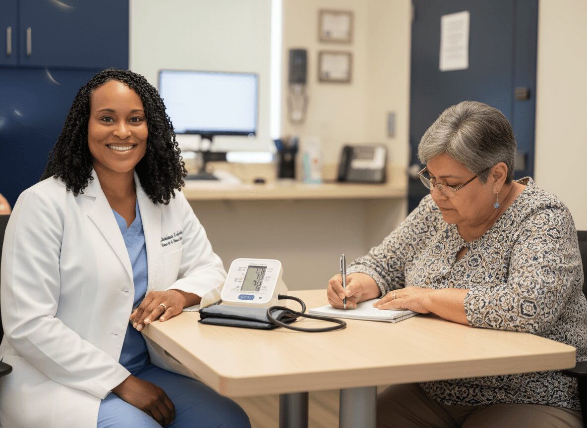 A healthcare professional and a patient sitting at a desk in a medical office, smiling and writing notes.