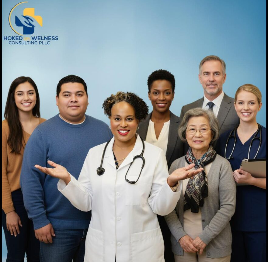 Group of diverse healthcare professionals, including a doctor with stethoscope, smiling in front of a blue background with logo.