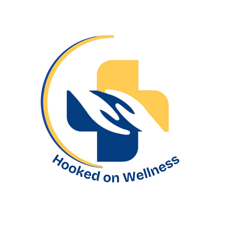 Logo with a cross, a leaf, and a curved line, with the text 'Hooked on Wellness'.
