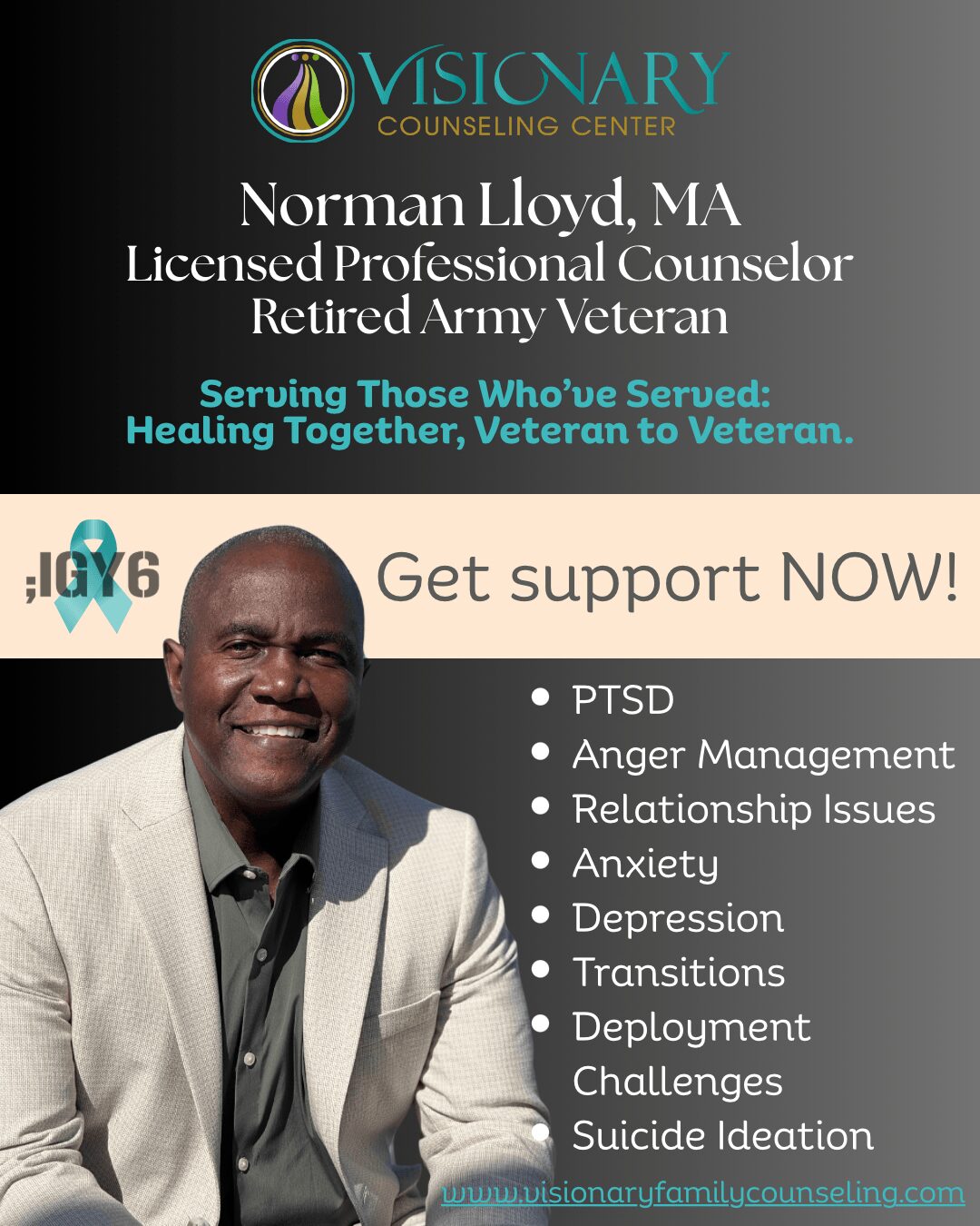 Business card for Norman Lloyd, retired army veteran and counselor, listing services for mental health and veteran support.