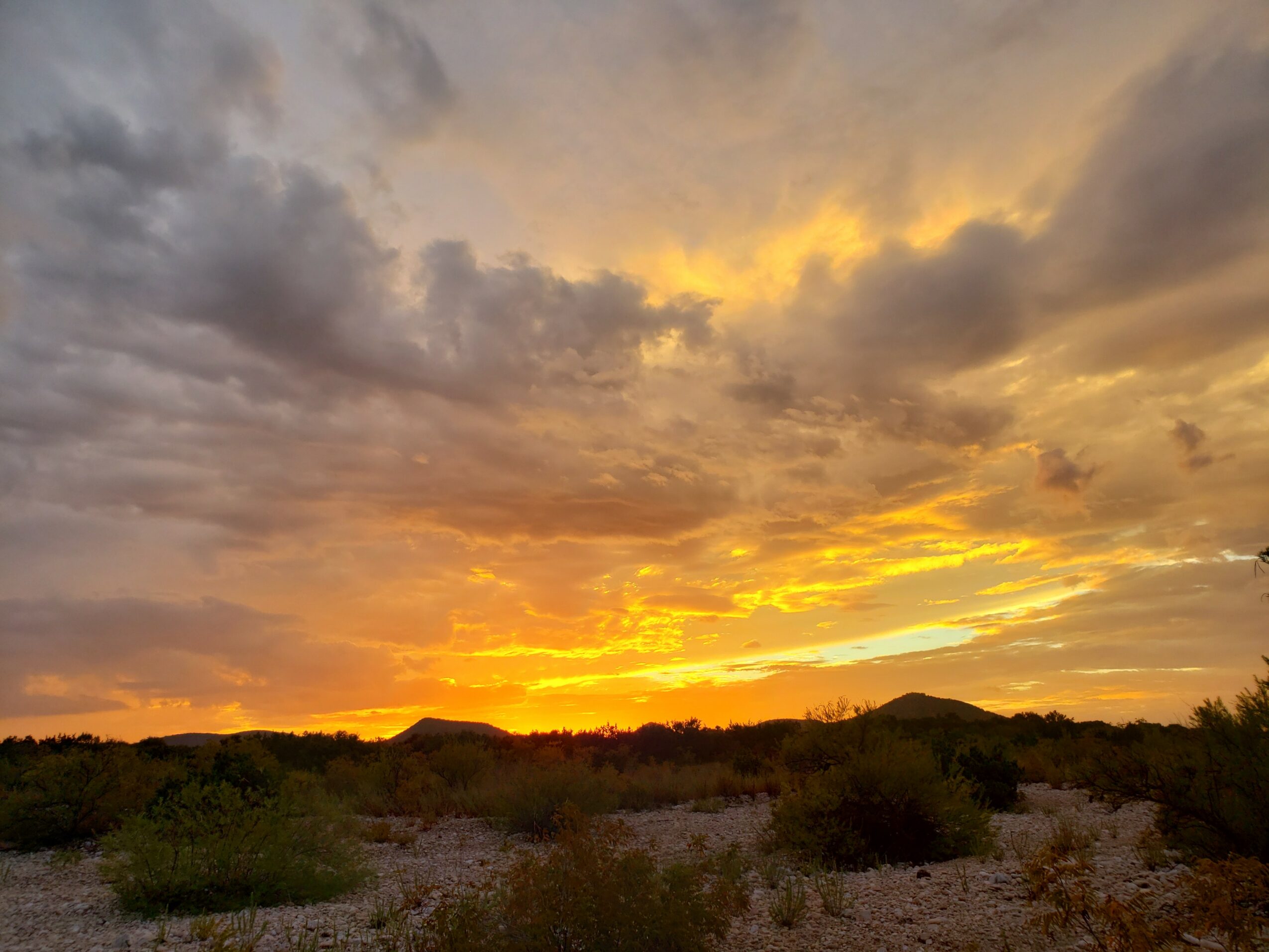 Sunset with orange and yellow sky, clouds, and a landscape with bushes and distant hills.