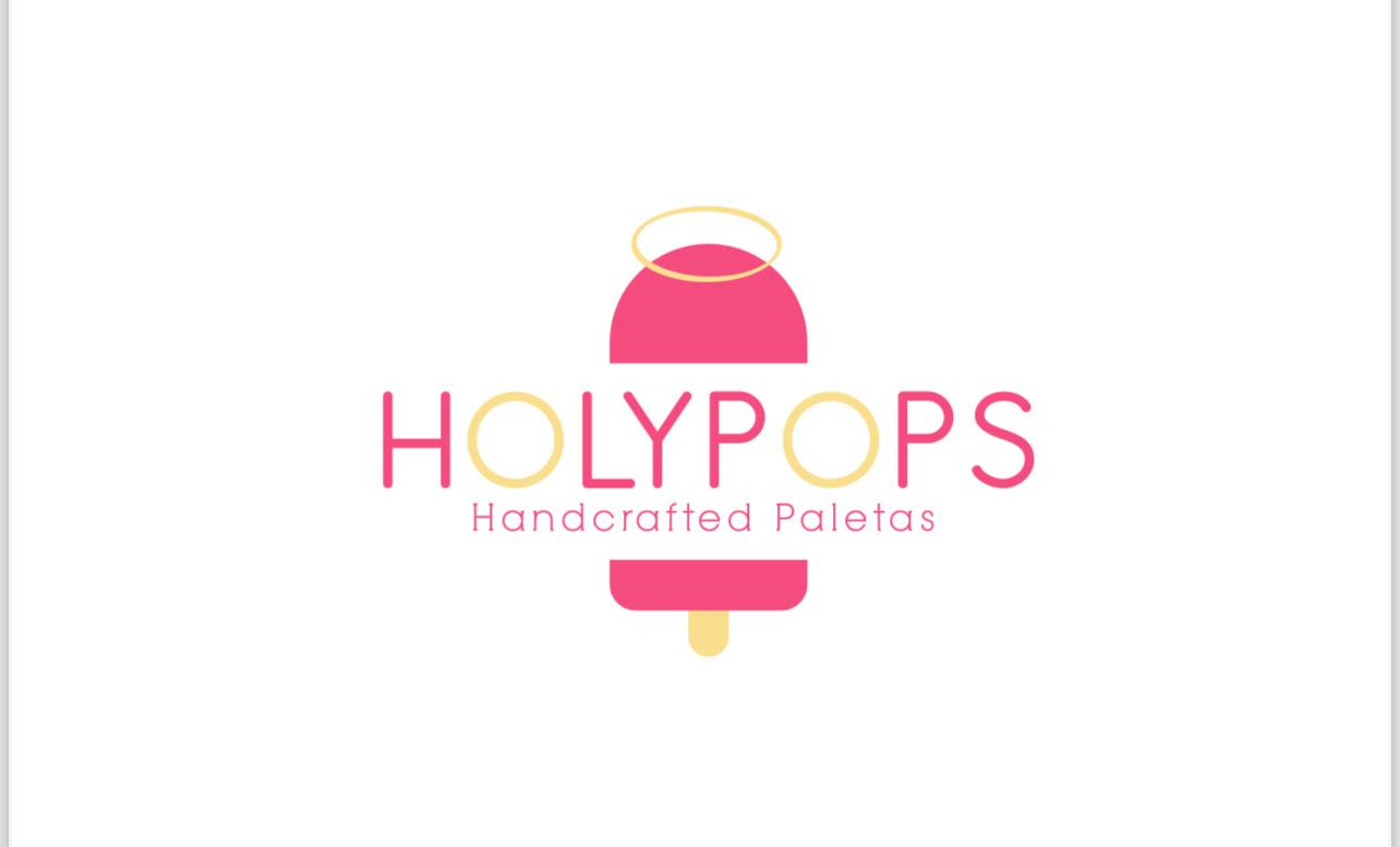 Logo with pink popsicle, halo, and text 'HOLY POPS' and 'Handcrafted Paletas'.
