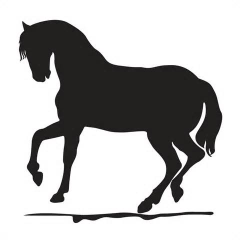 Silhouette of a horse with one front leg raised, standing on a flat surface.