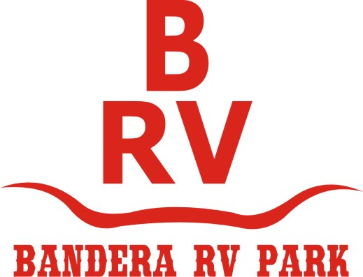 Logo with large red letters B, R, V stacked vertically, and text 'BANDERA RV PARK' below with a wavy line.
