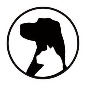 Silhouette of a dog inside a circle, facing left, with a hand supporting its chin.