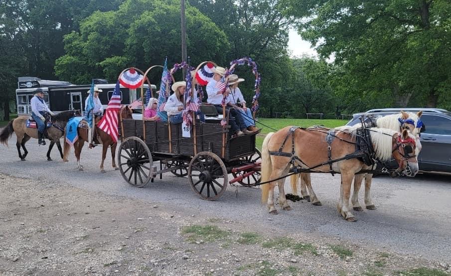 People riding in a decorated horse-drawn carriage on a road with trees and parked cars nearby.