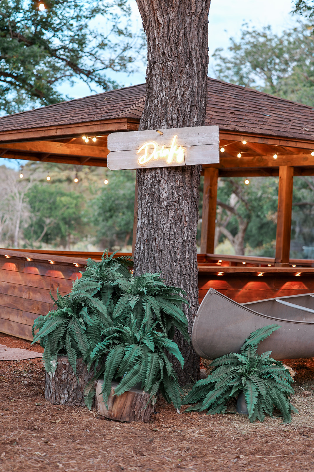 Tree trunk with a wooden sign reading 'Deli' attached, surrounded by green plants and a wooden structure in the background.