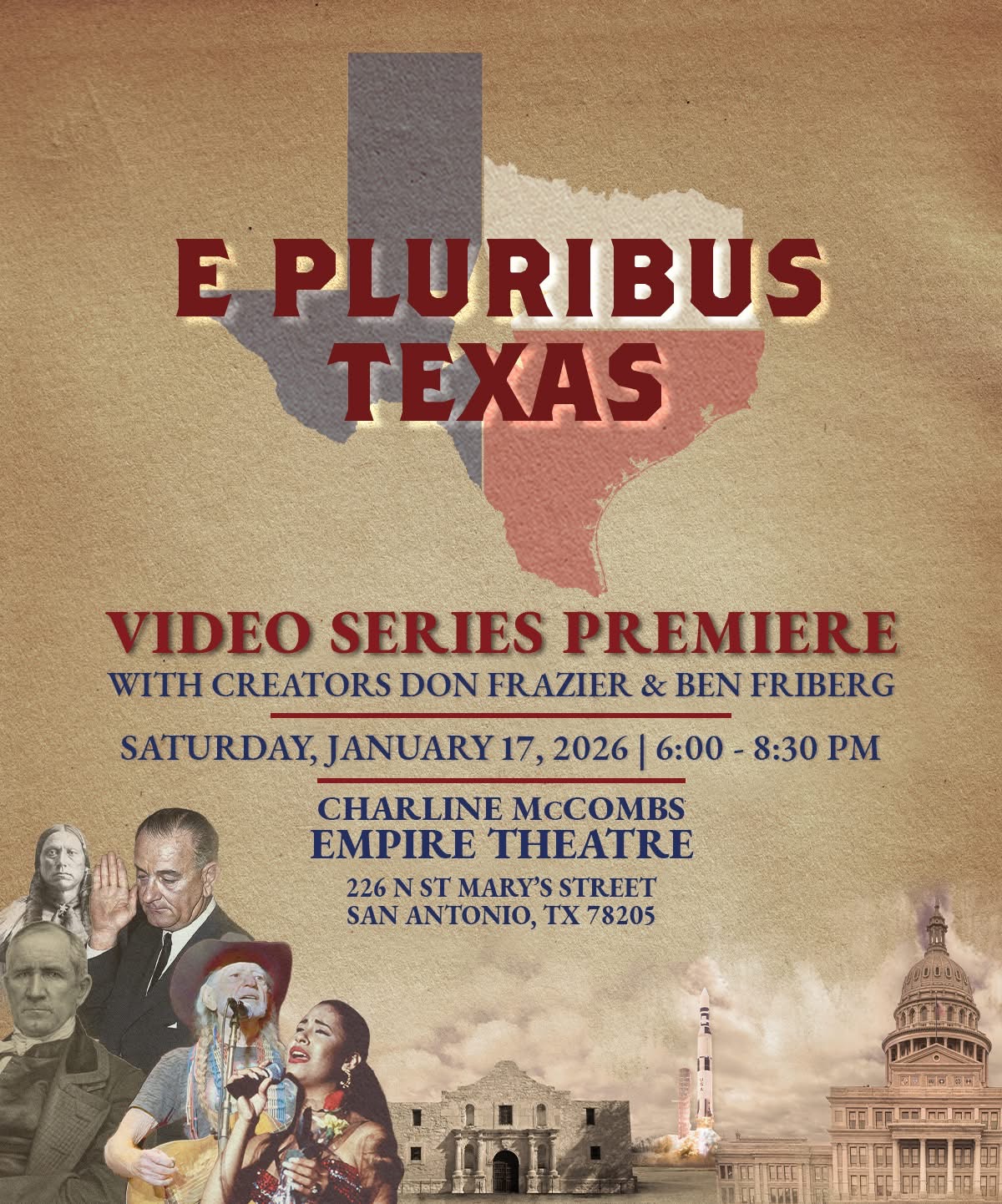 Event poster for Texas video series premiere, includes images of people, Texas map, and landmarks, with event details.