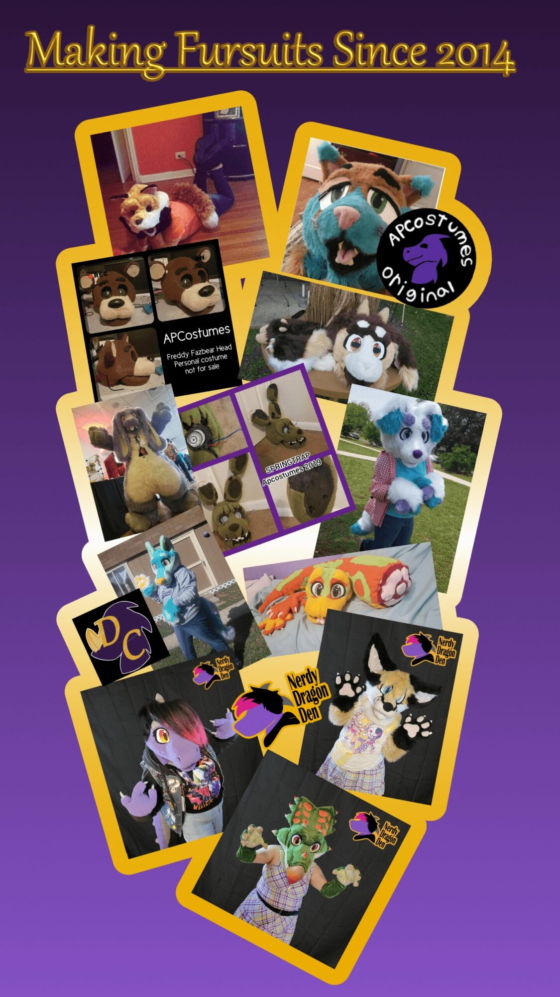 Collage of various fursuit photos with text 'Making Fursuits Since 2014' at top, purple background.