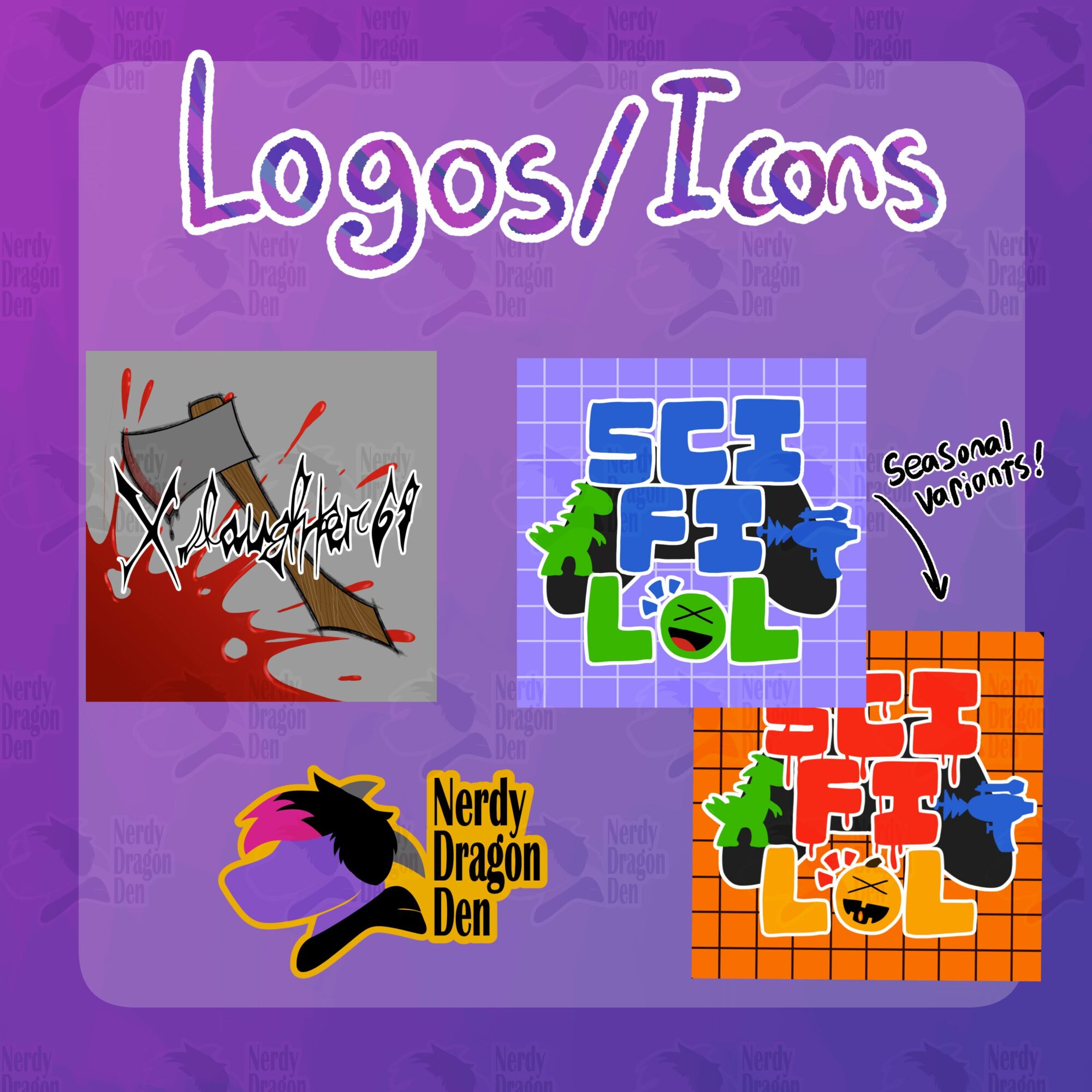 Collection of four logos and icons on a purple background with text 'Logos/Icons'.