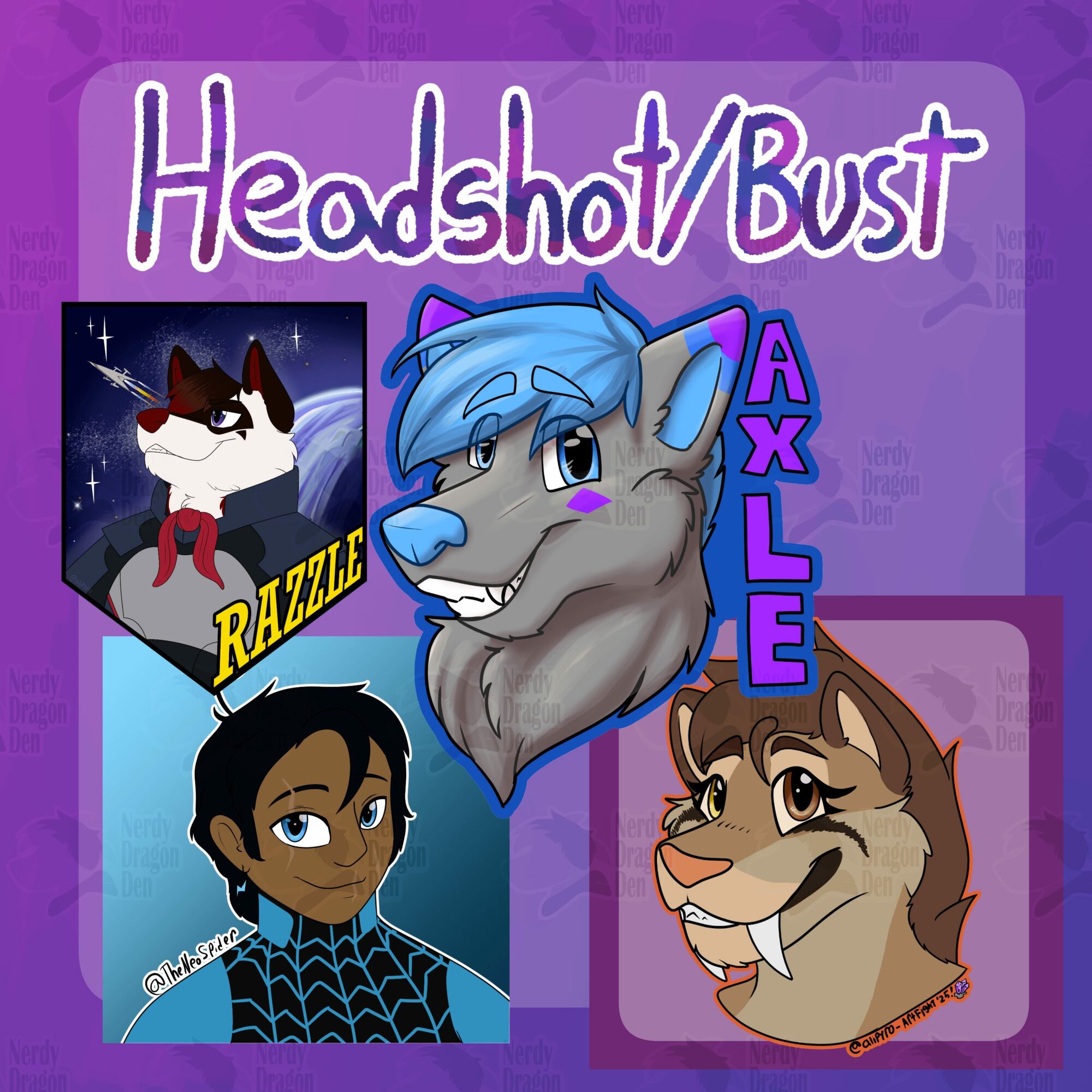 Four animated character headshots with colorful backgrounds, including a wolf, a person, and two feline characters.