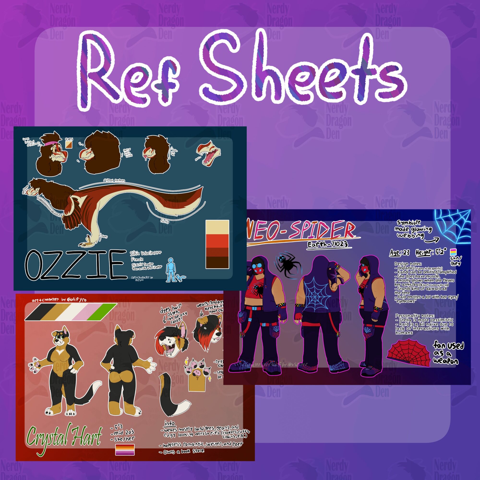 Three colorful reference sheets with cartoon characters, animals, and text on purple background labeled 'Ref Sheets'.