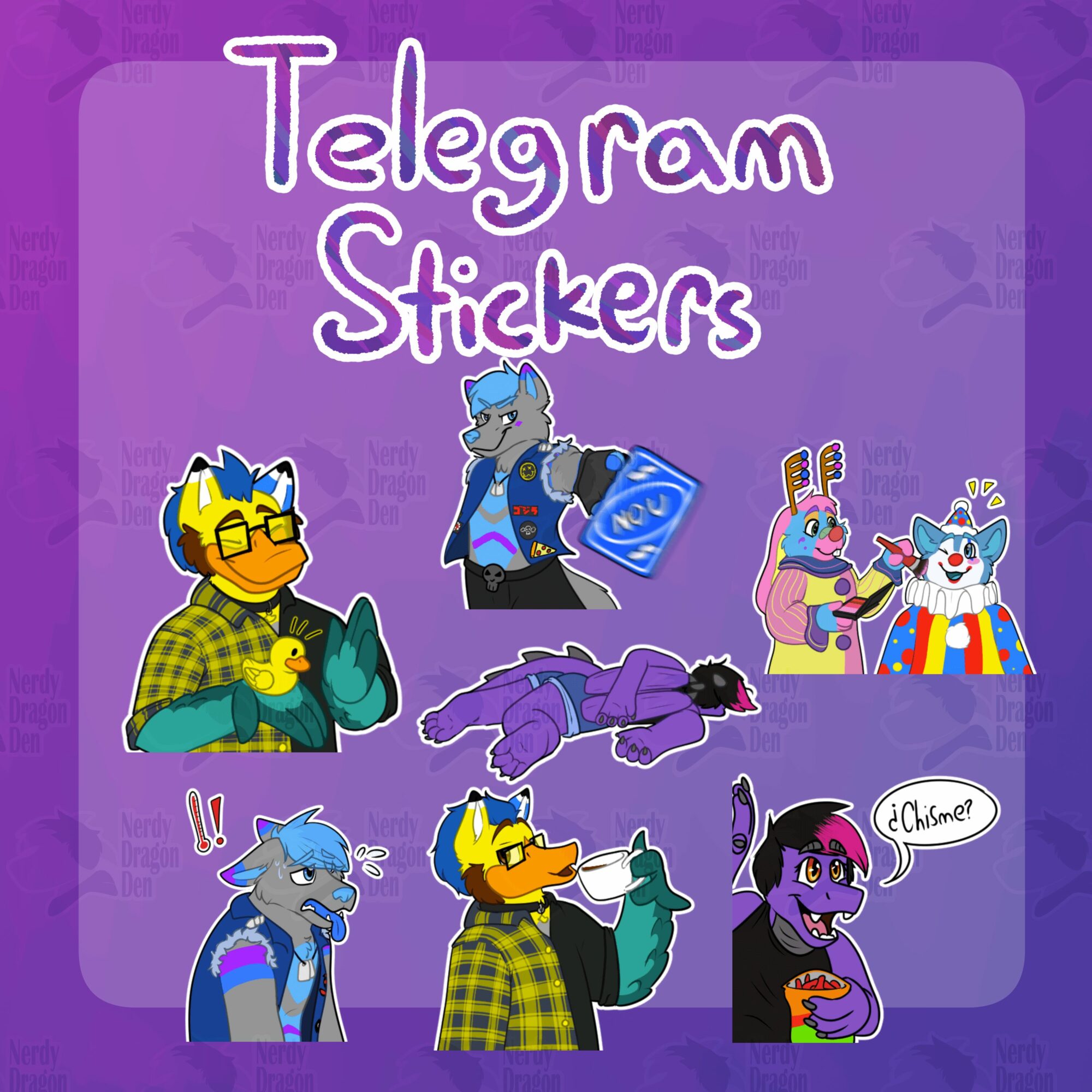 Collection of colorful cartoon wolf characters with various expressions and accessories on purple background.