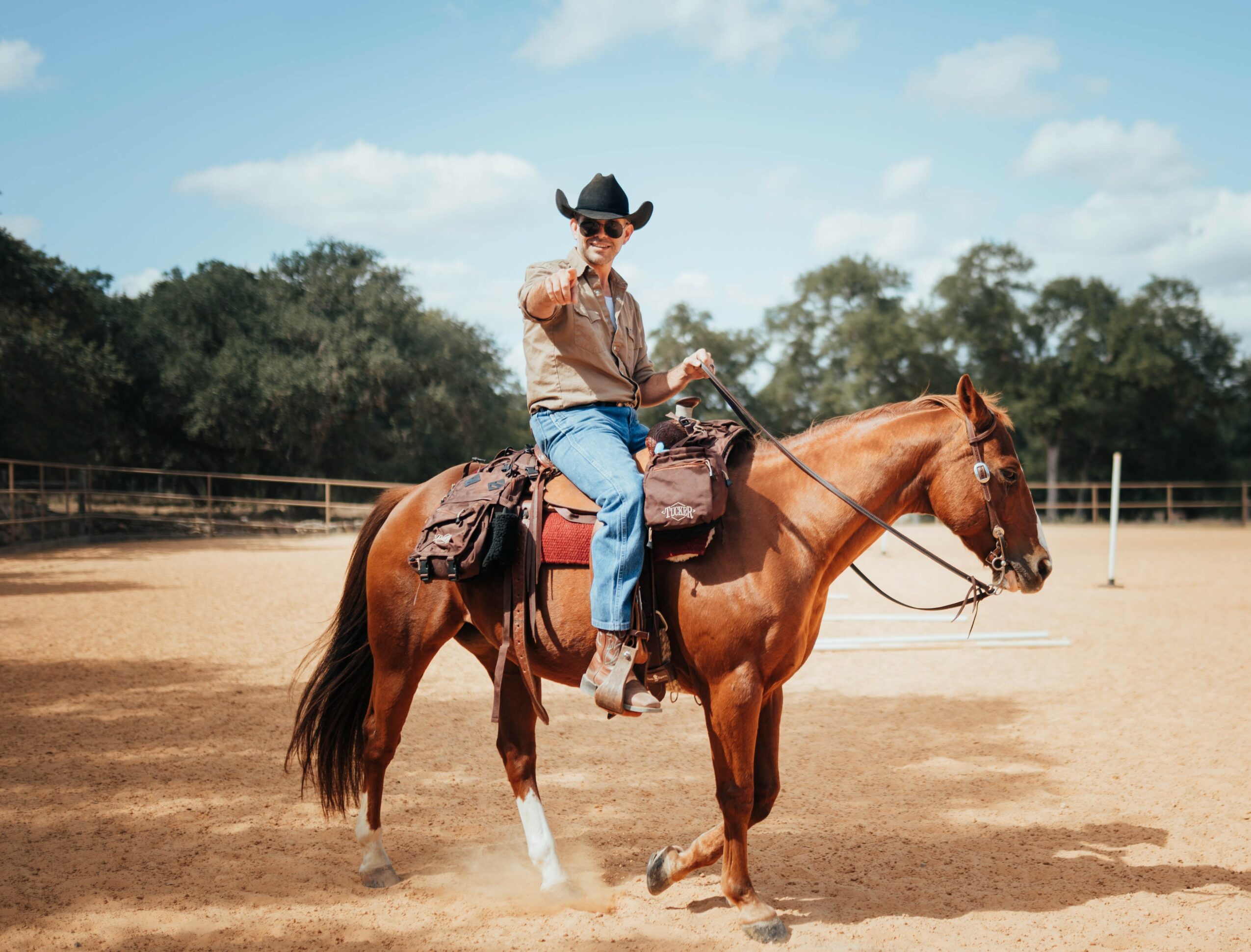Person wearing cowboy hat and sunglasses riding a brown horse in an outdoor arena.