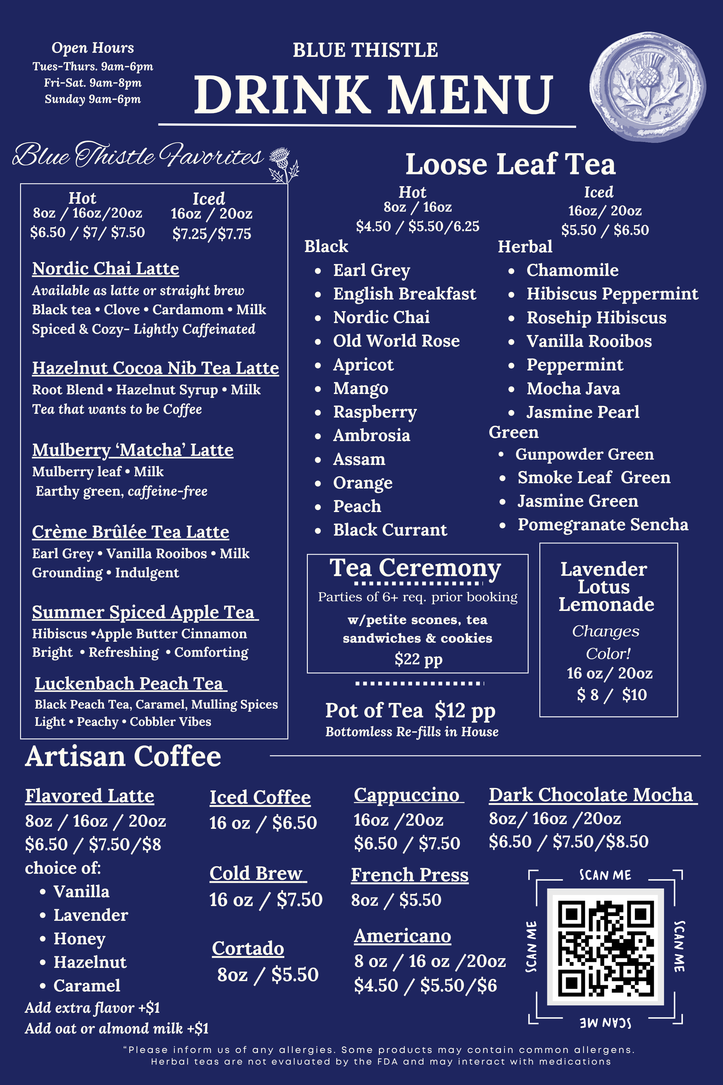 Blue Thistle drink menu with tea options, coffee, and desserts, featuring various beverages and prices.
