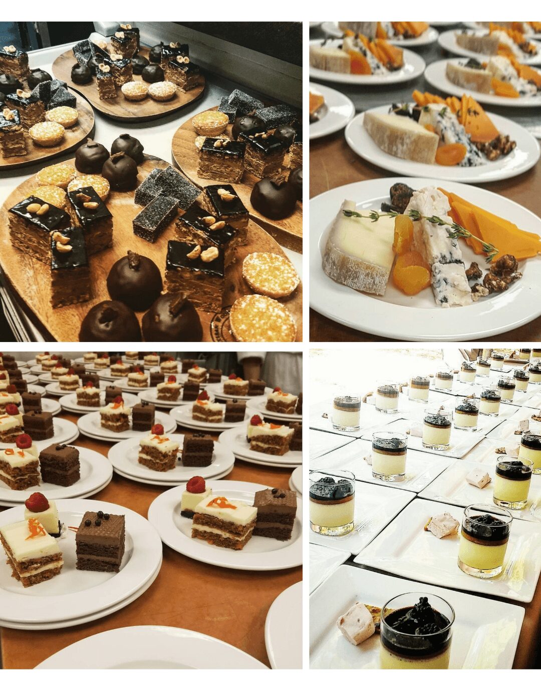 Assorted desserts including chocolates, cakes, and pastries displayed on plates and tables.