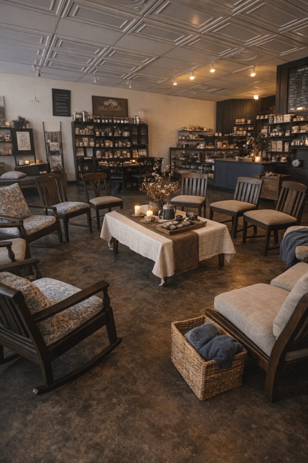 Cozy room with chairs around a table, shelves with products, and warm lighting.