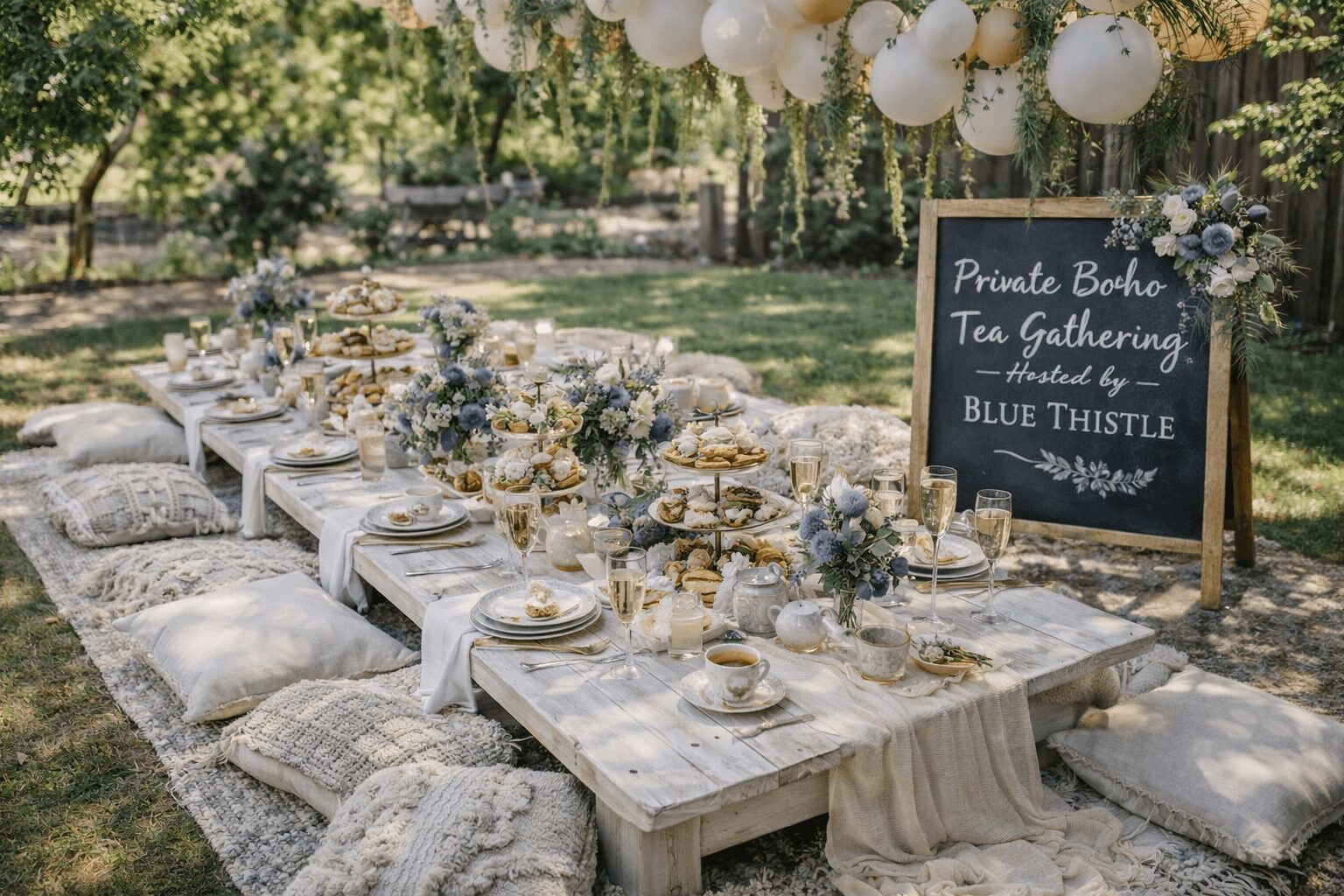 Long outdoor table set with flowers, candles, and tableware, surrounded by cushions and pillows on grass, with trees and a chalkboard sign.