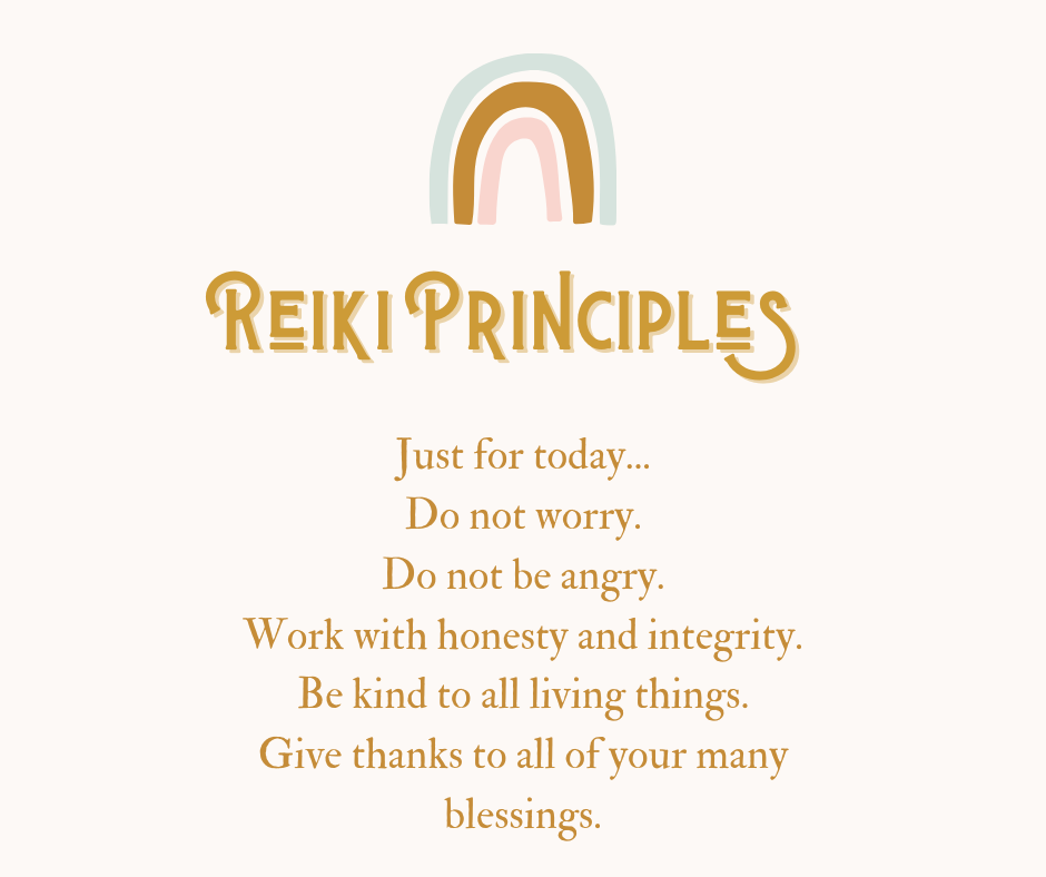 Text with a rainbow graphic above, listing principles of Reiki including honesty, kindness, and gratitude.