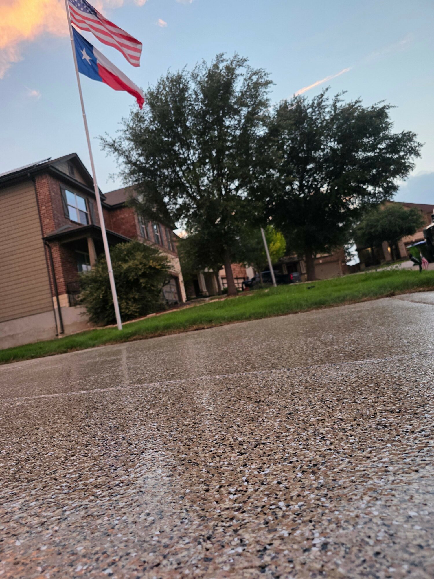 A flagpole with an American flag, a tree, and a building in the background, viewed from the side.