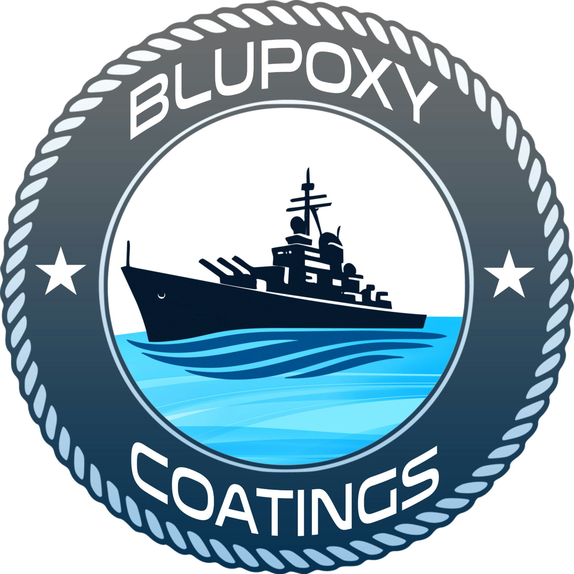Logo with a ship in water, surrounded by a rope border, and text 'BLUPOXY COATINGS' above and below.