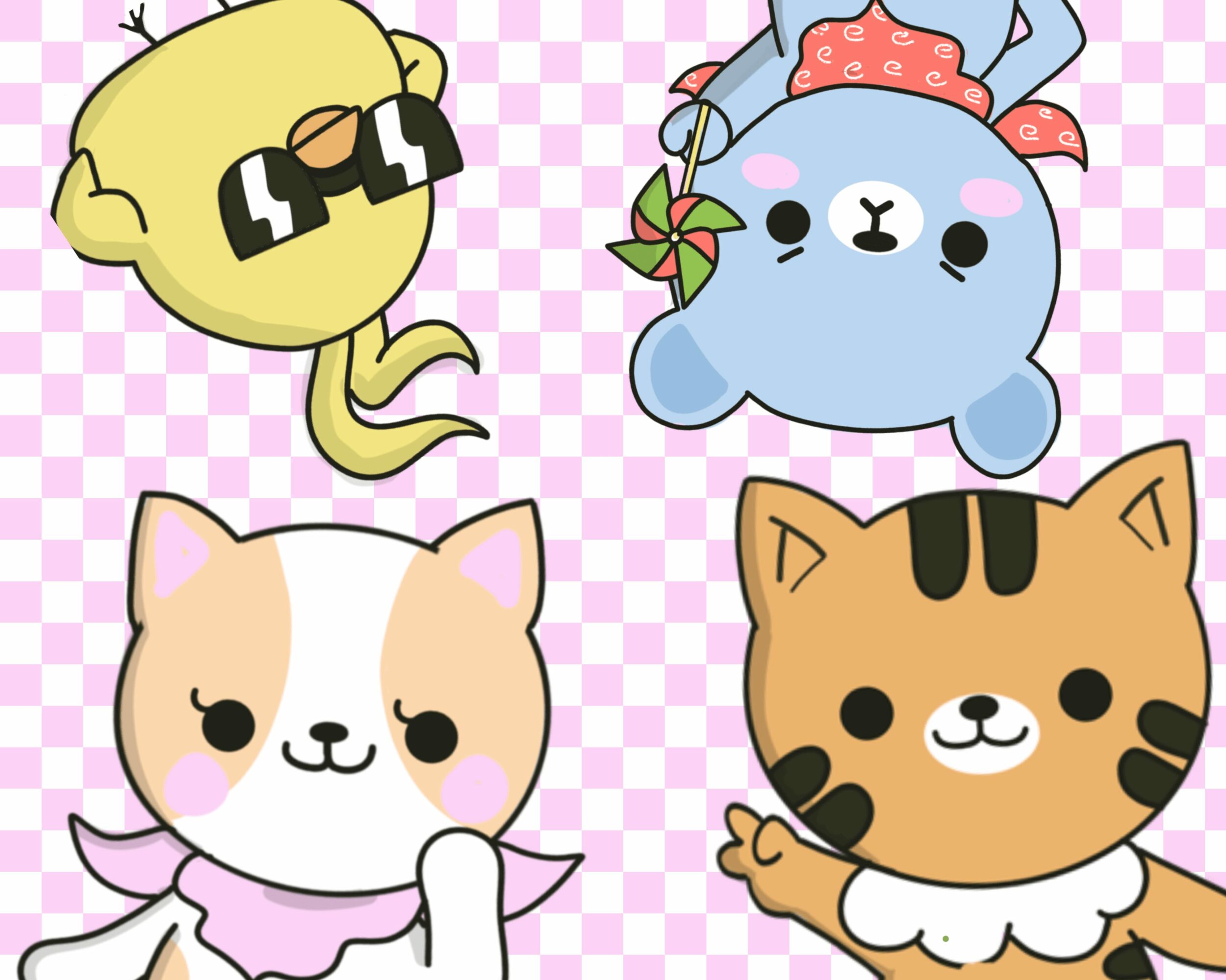 Four cartoon animals: a yellow fish with sunglasses, a blue bear with a hat, a cream cat with a bow, and a striped cat with a ruffle, on a pink checkered background.
