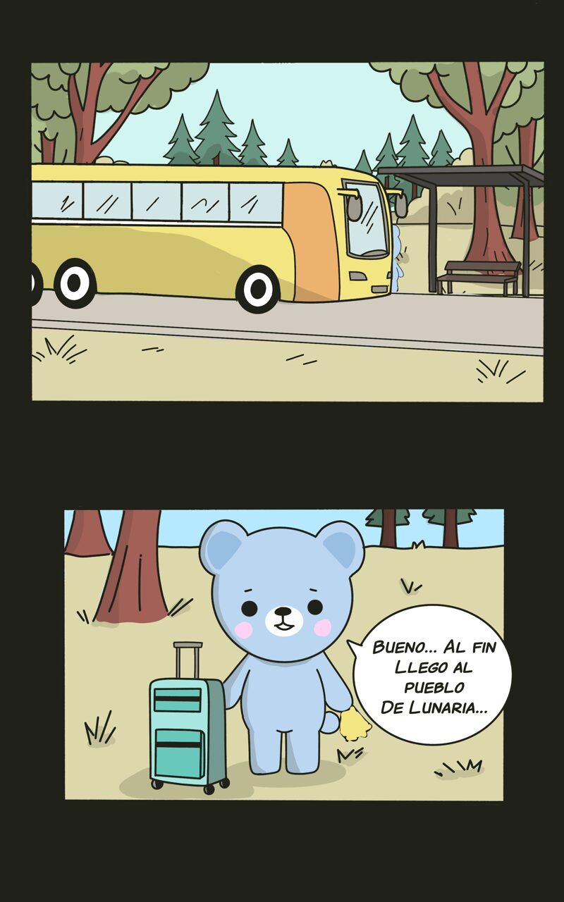 Yellow bus parked near trees and a bench, blue teddy bear with suitcase and speech bubble, in a park setting.