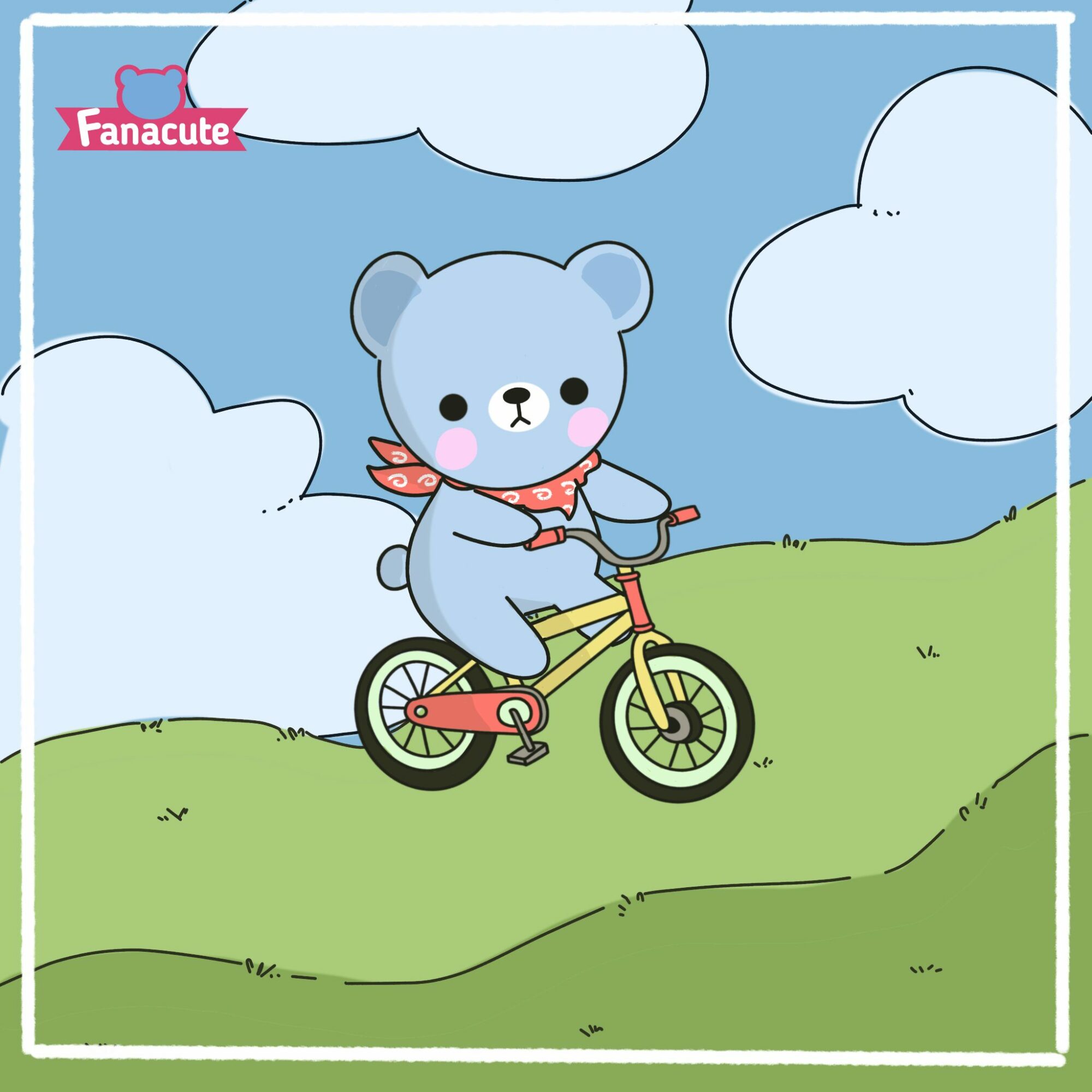 Cute bear riding a yellow bicycle on grassy hill with clouds in sky, pink scarf, and a blue background.
