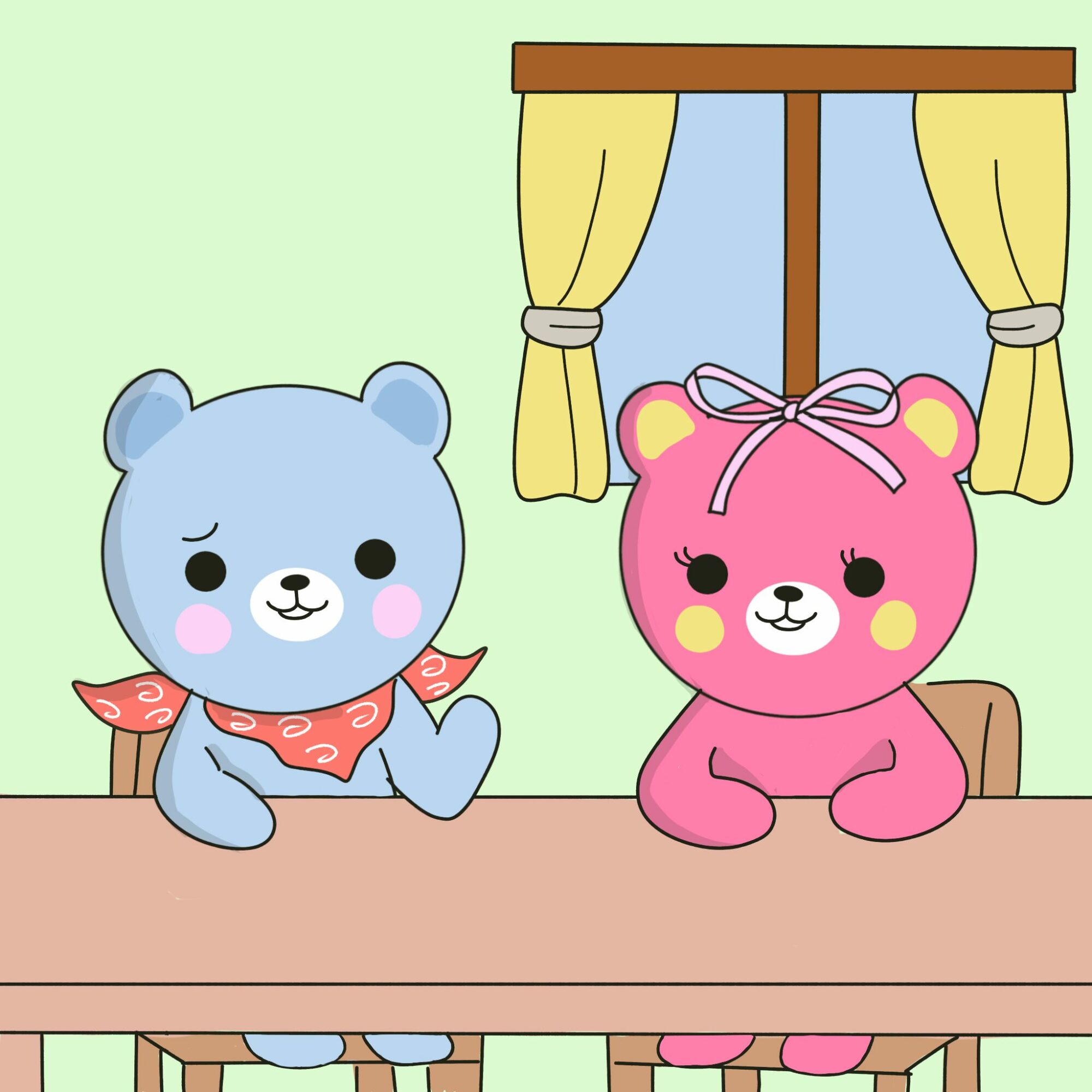 Two colorful teddy bears sit at a table with a window and curtains in the background.