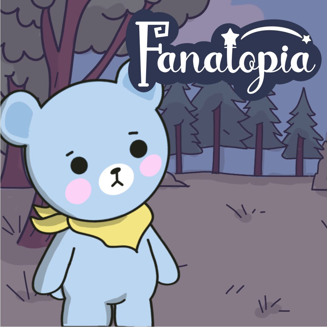 Cute blue bear with a yellow scarf in a forest, with the word 'Fanatopia' above, in a cartoon style.