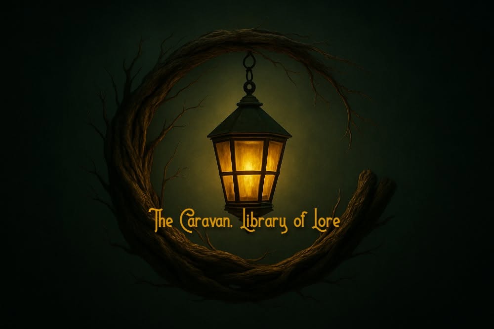 Lantern hanging inside a twisted branch circle with glowing light, with text reading 'The Caravan Library of Lore'.
