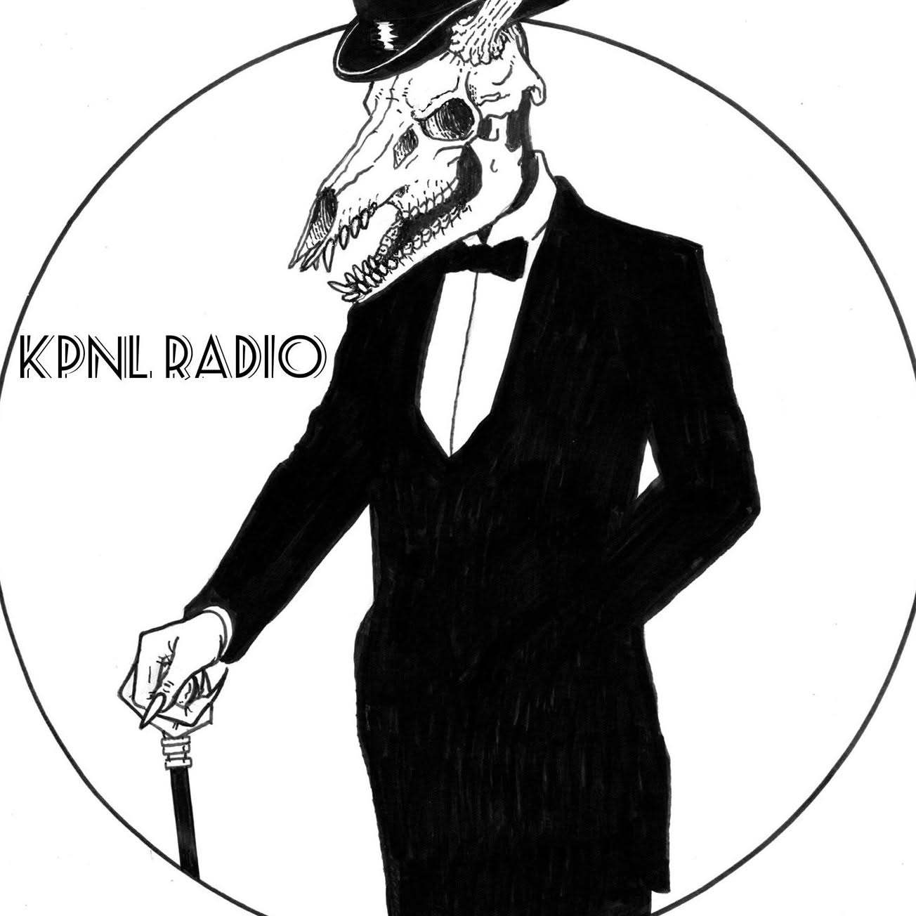 A skeleton with a skull wearing a hat and tuxedo, holding a cane, with text 'KPNL RADIO' beside it.