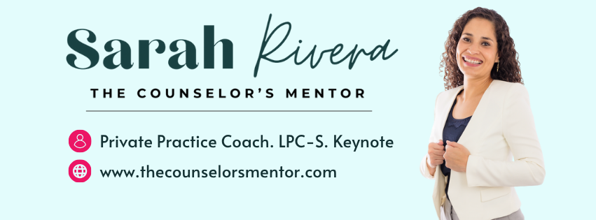 Business card with name Sarah Rivera, title, contact info, and a smiling woman in a white blazer, light blue background.