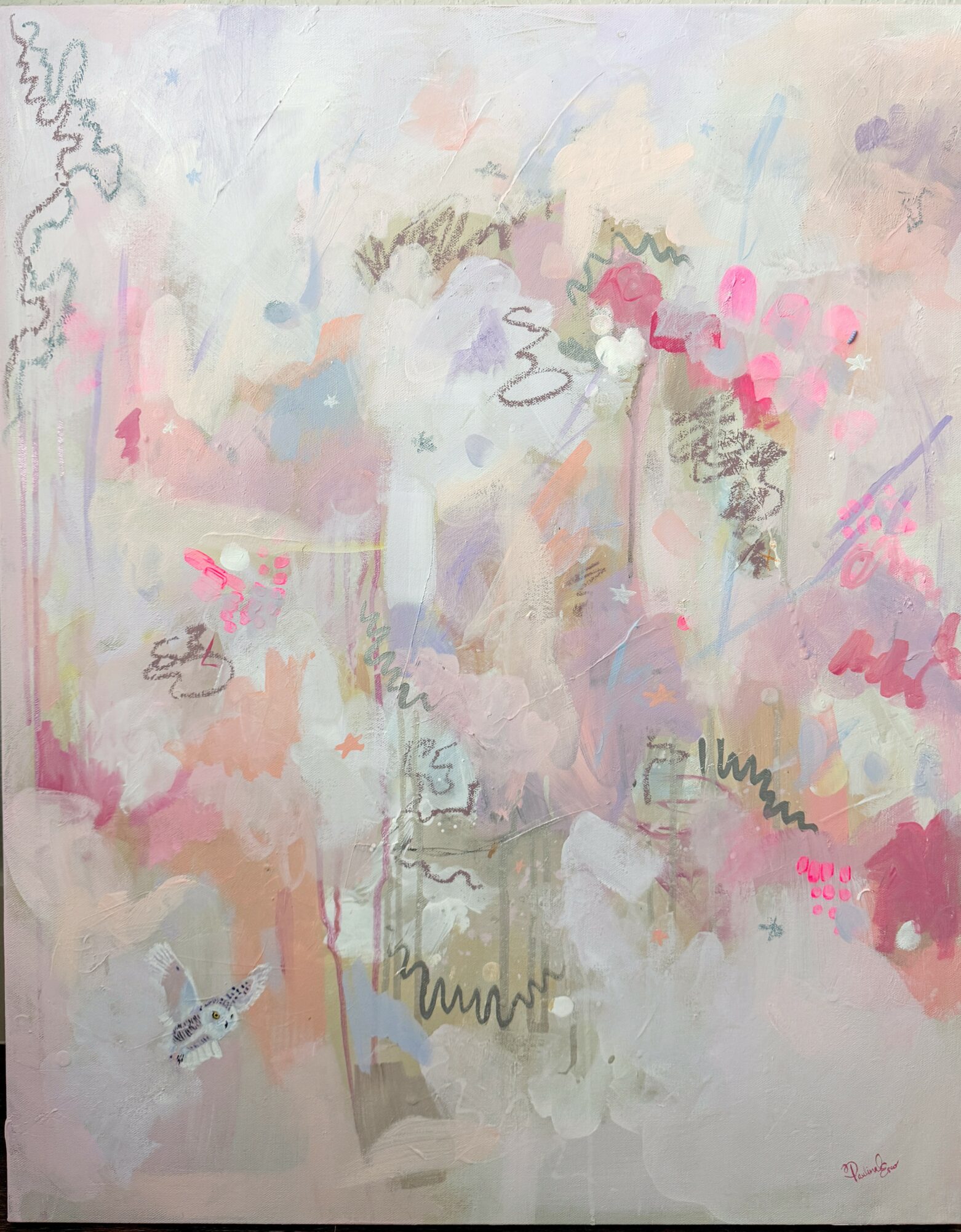Abstract painting with pastel colors, scribbles, and shapes, featuring pink, blue, and beige tones, with no clear subject.