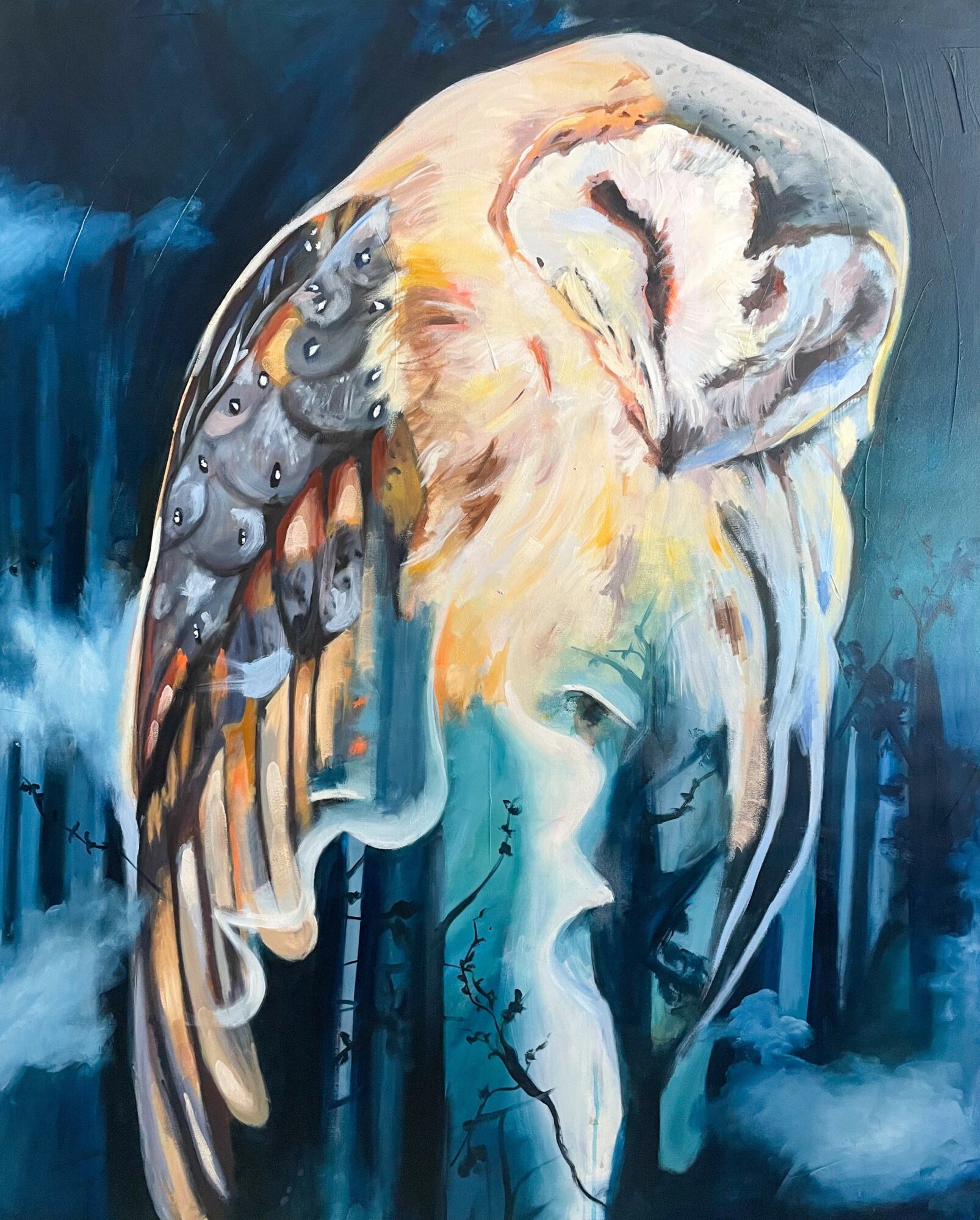 A painting of a bird with a human face, blending bird and human features, set against a dark, abstract background.