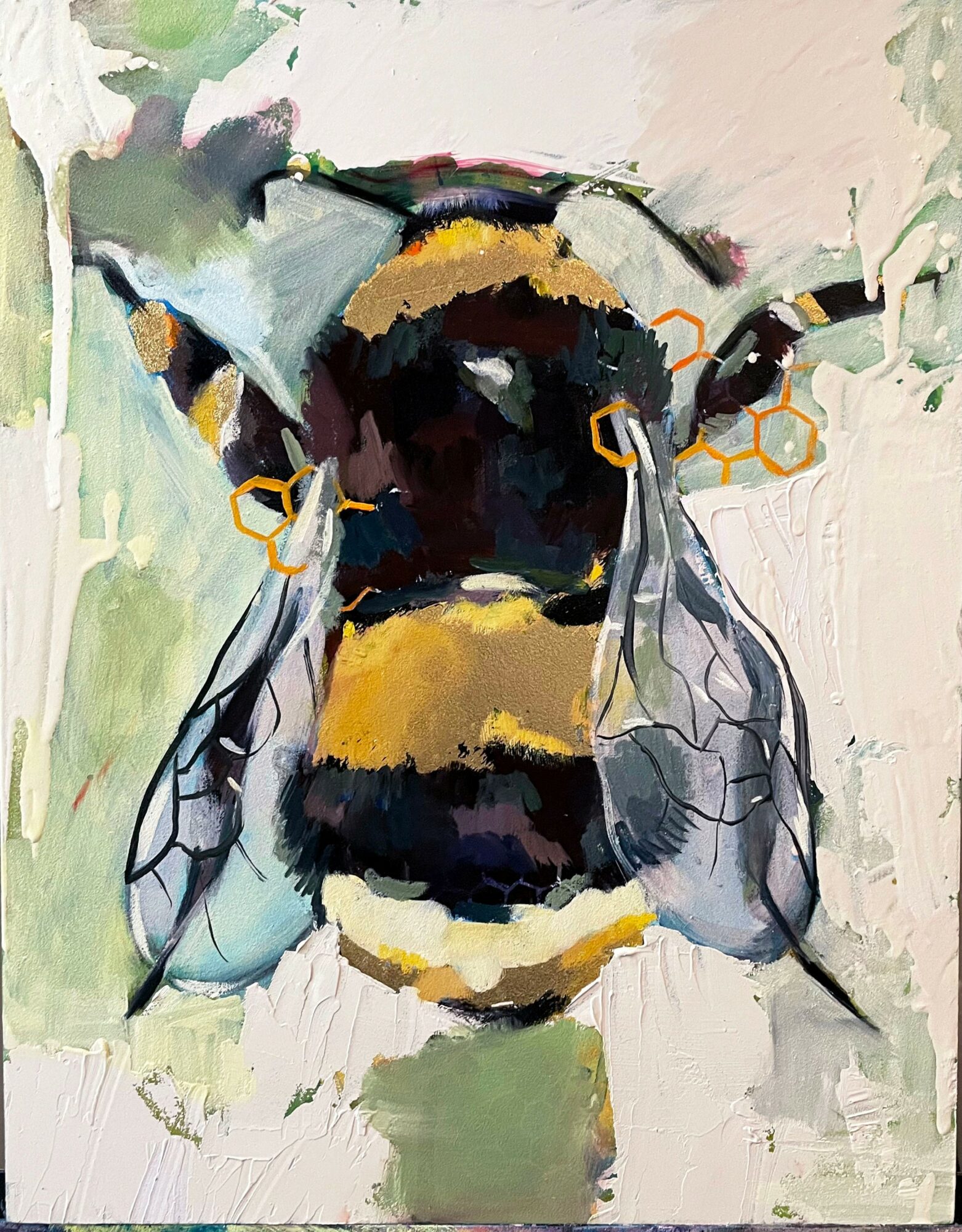 Watercolor painting of a bee with detailed wings and black and yellow body, facing forward.