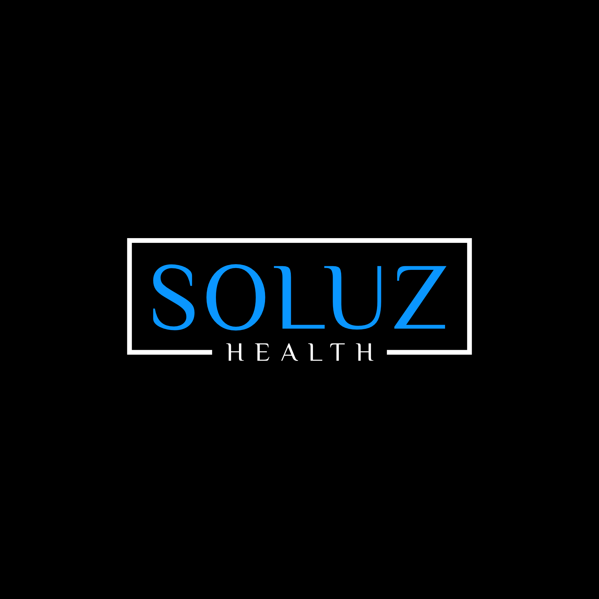Black background with white rectangular outline and blue text reading 'SOLUZ' above 'HEALTH'.
