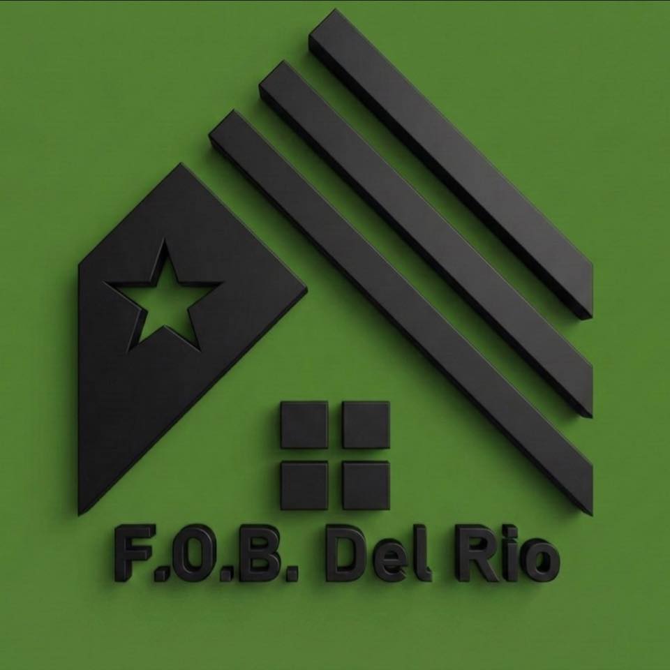 Black emblem with a star, four bars, and text 'F.O.B. Del Río' on a green background.