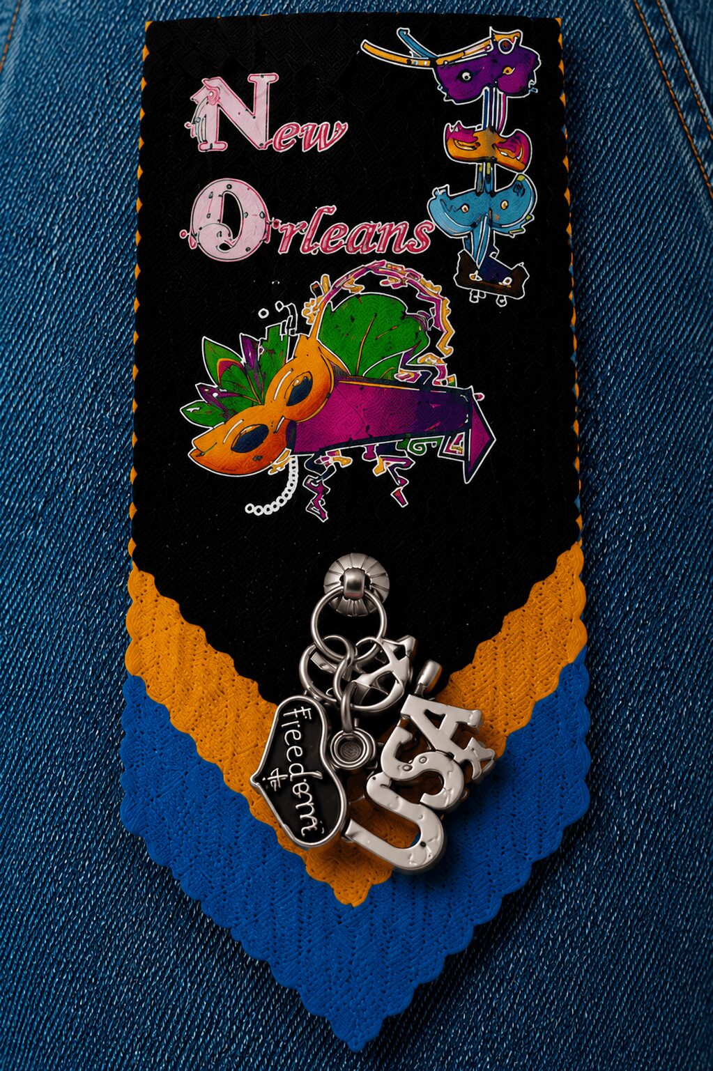 Black fabric with colorful New Orleans-themed designs, including a purple alligator, a green and purple boat, and a U.S. flag, with orange and blue scalloped edges.