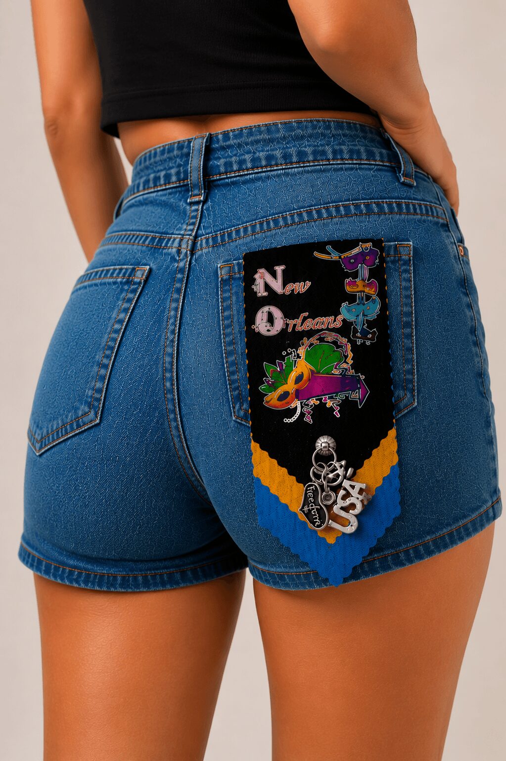 Back view of person wearing denim shorts with a colorful embroidered patch on the right pocket, featuring a unicorn, text, and patterns.