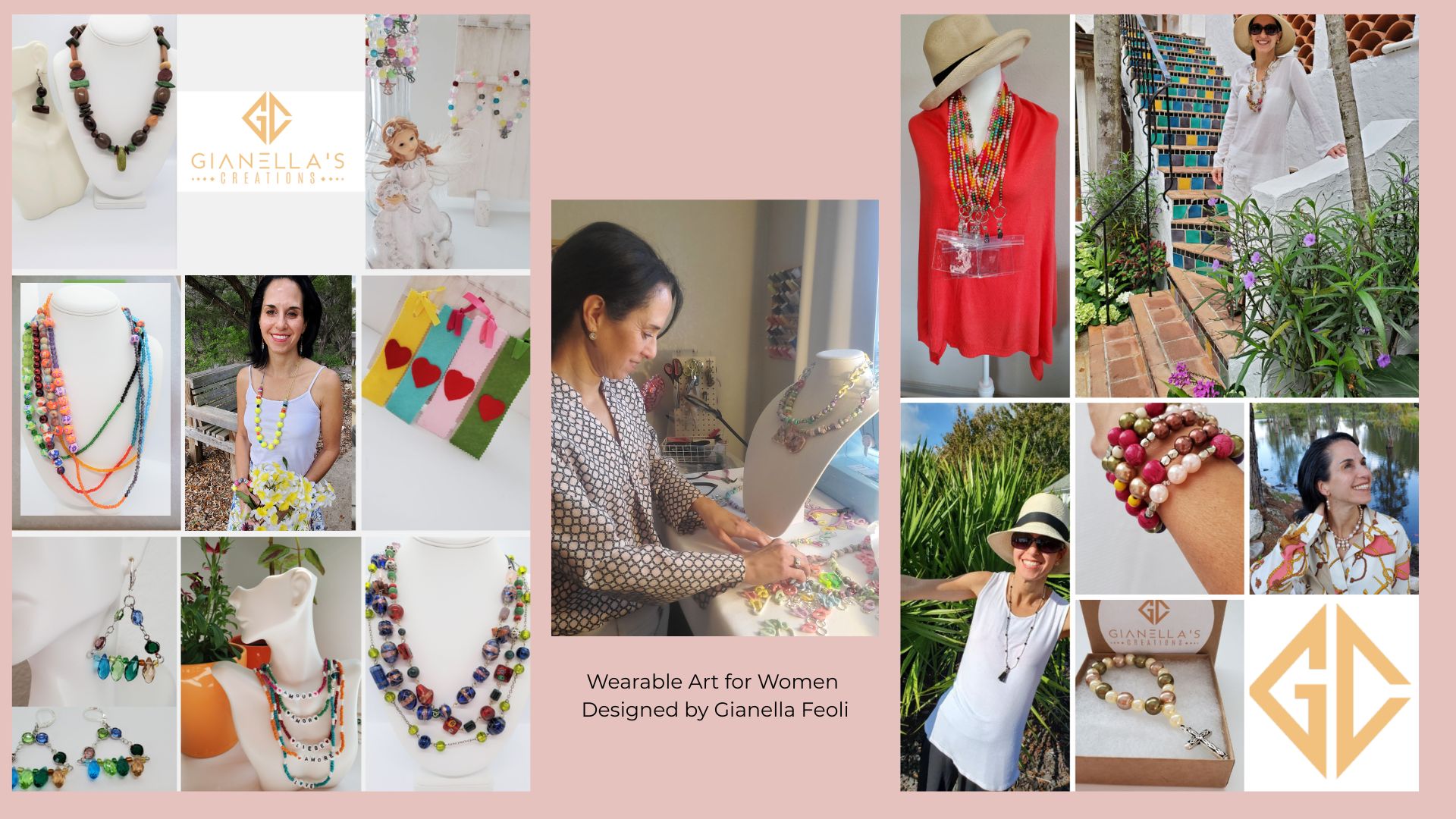 Collage of women wearing jewelry, creating art, and accessories, with text about wearable art for women, designed by Gemellia Fest.